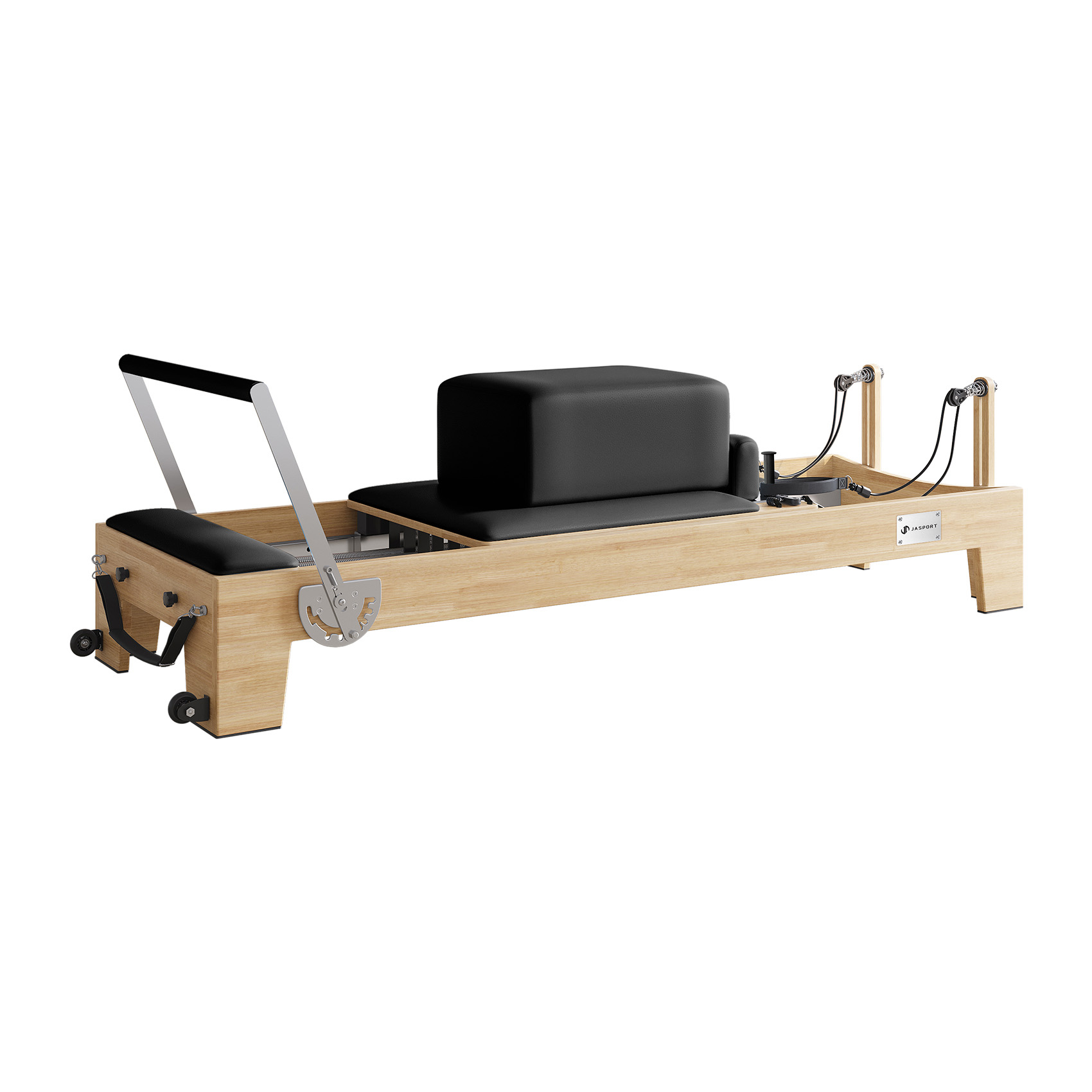 Ein Holz Pilates Reformer mit schwarzem Polster und Metallteilen.
