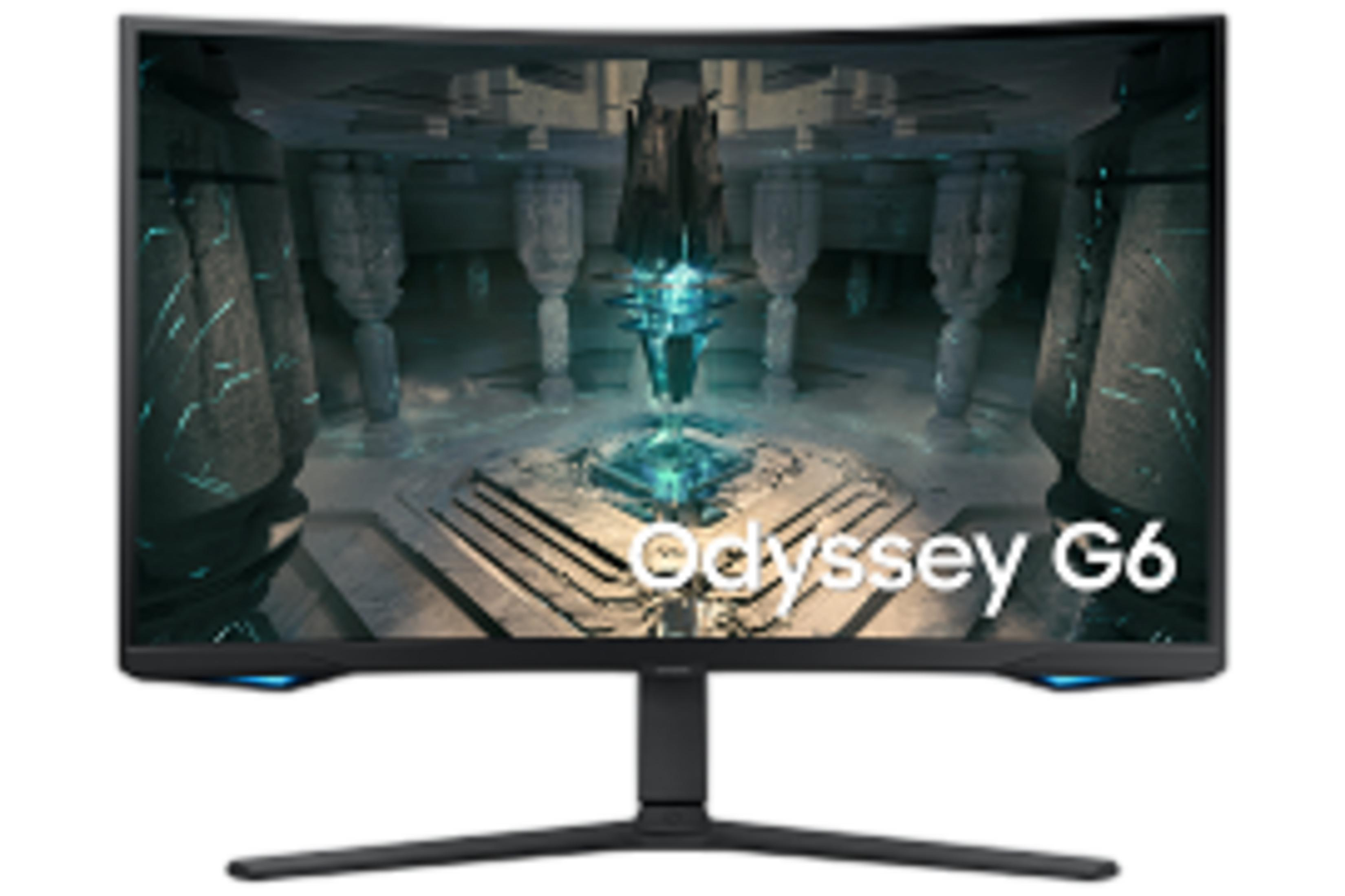 Fütüristik bir iç mekan sahnesi ve 'Odyssey G6' yazısı gösteren kavisli oyun monitörü.