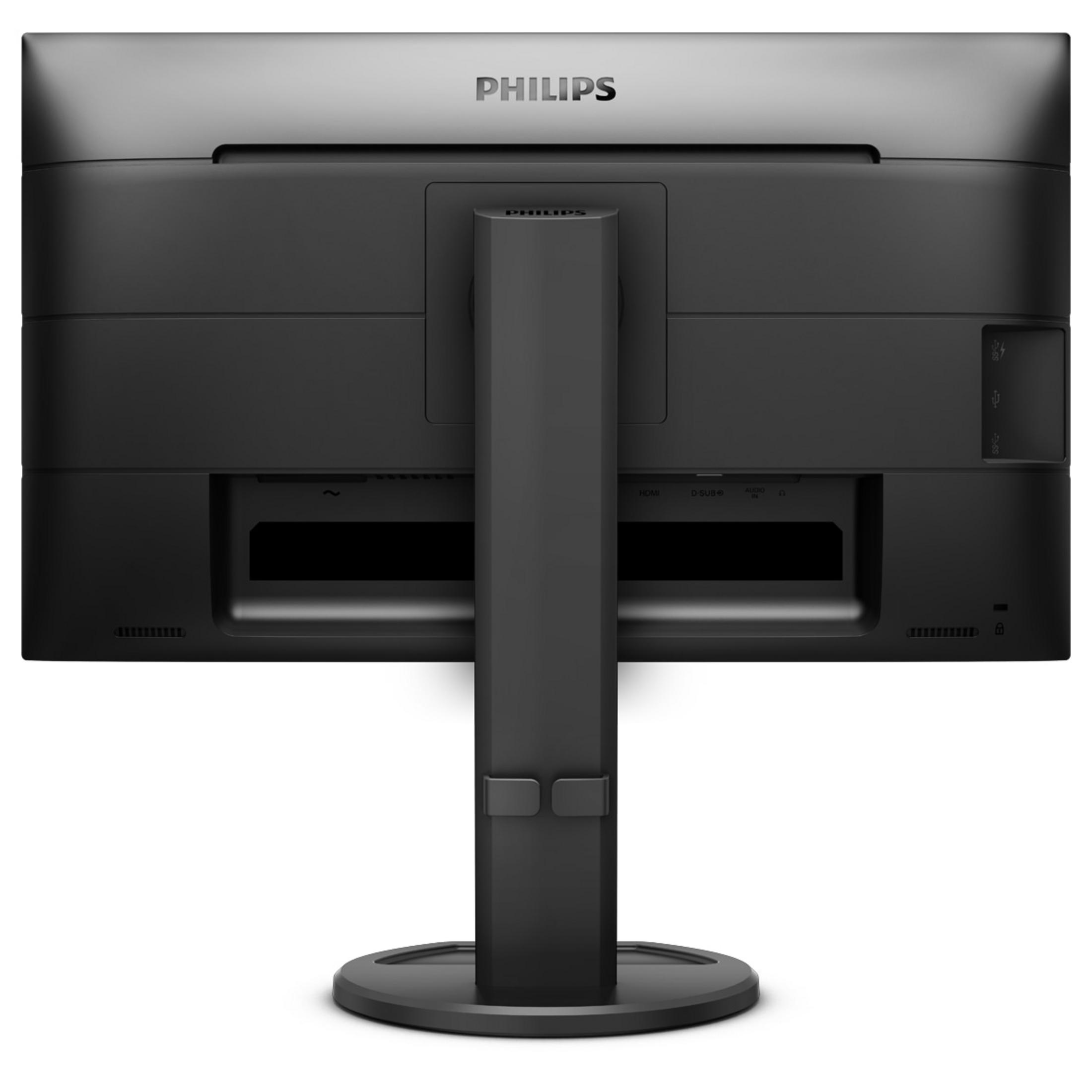 Tył czarnego monitora Philips ze stojakiem i portami.