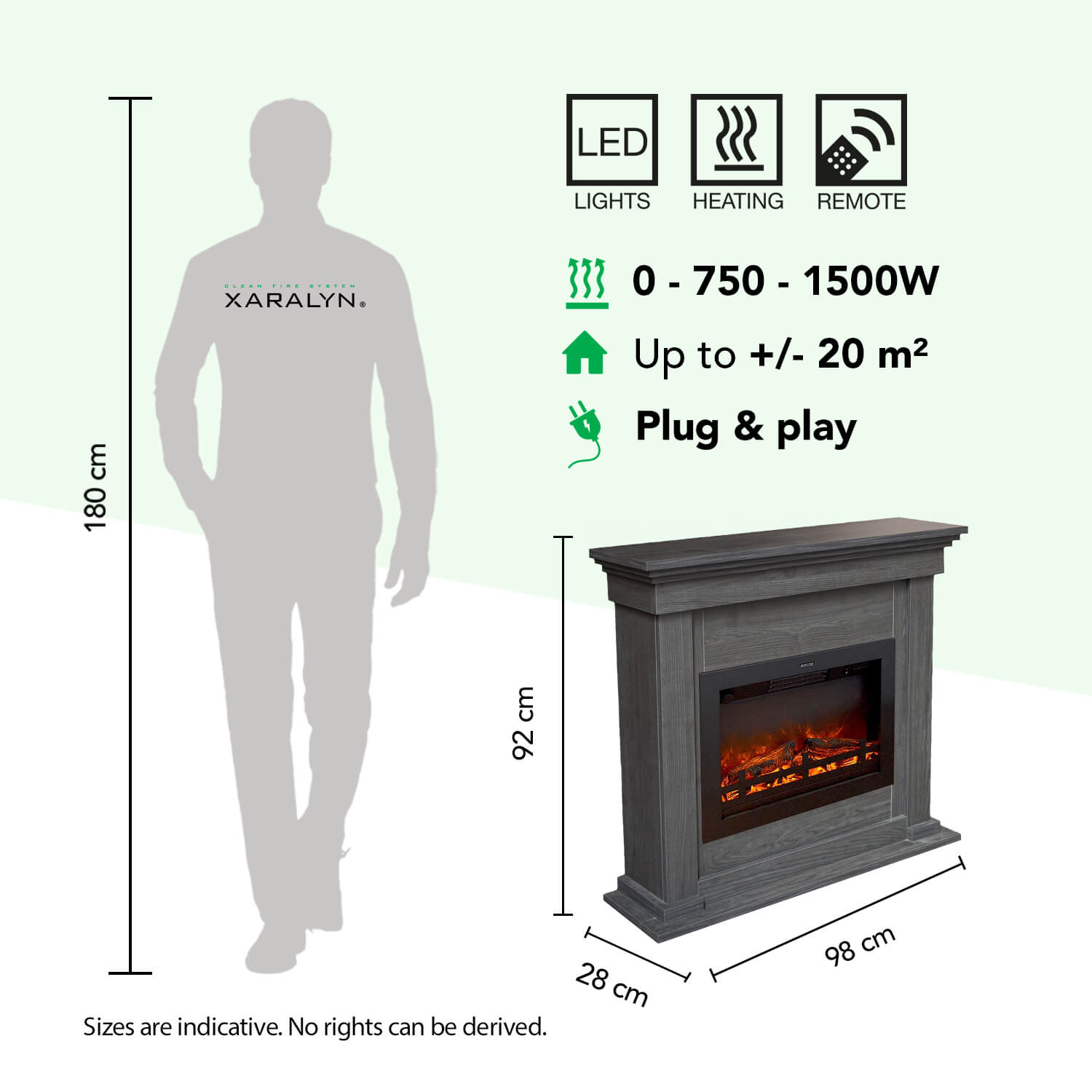 Grijze open haard met verlicht vuur, afmetingen 98x28x92cm. Met LED, verwarming, afstandsbed.
