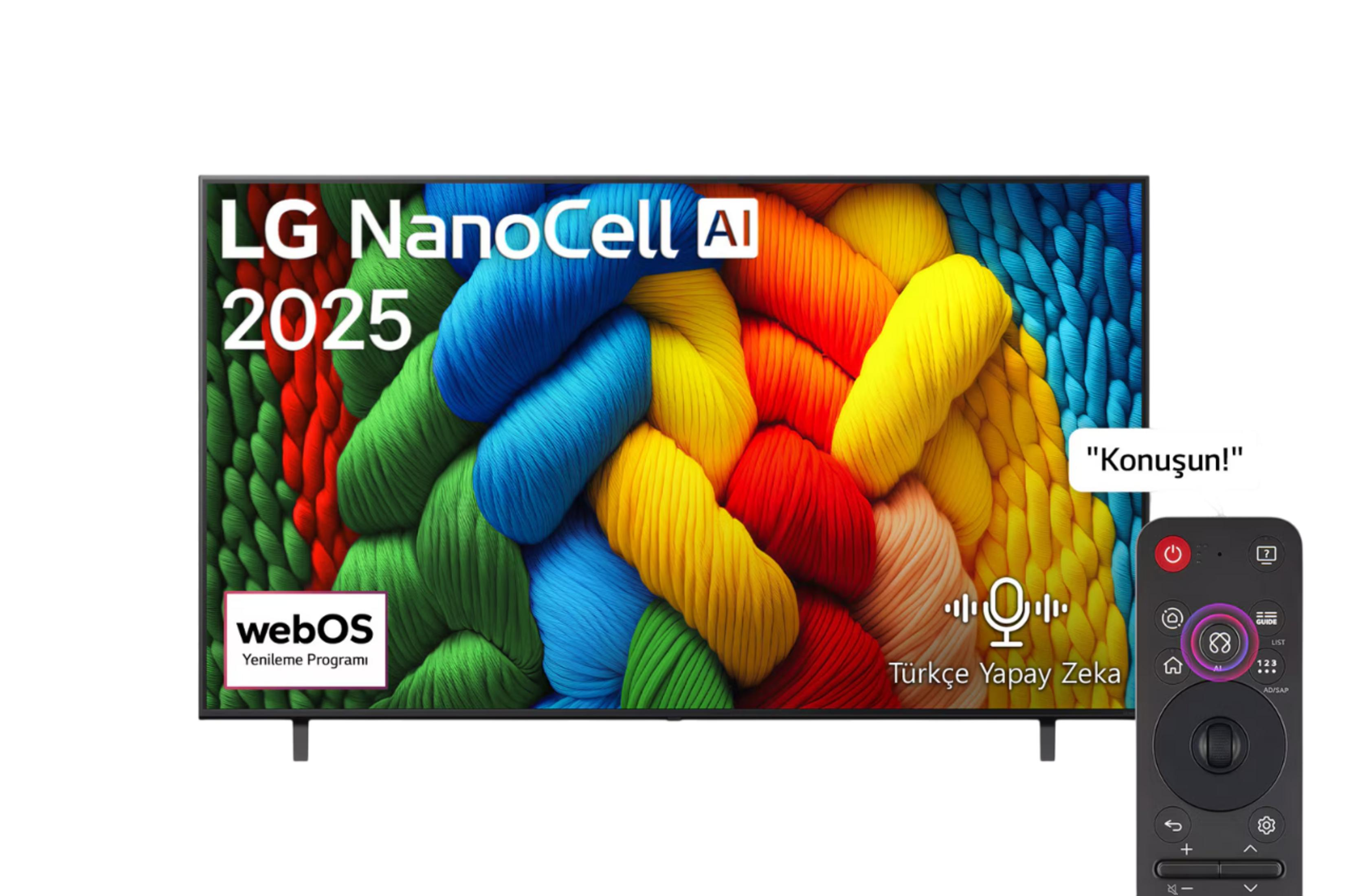 Renkli iplik desenli LG NanoCell AI 2025 TV ve kumandası.
