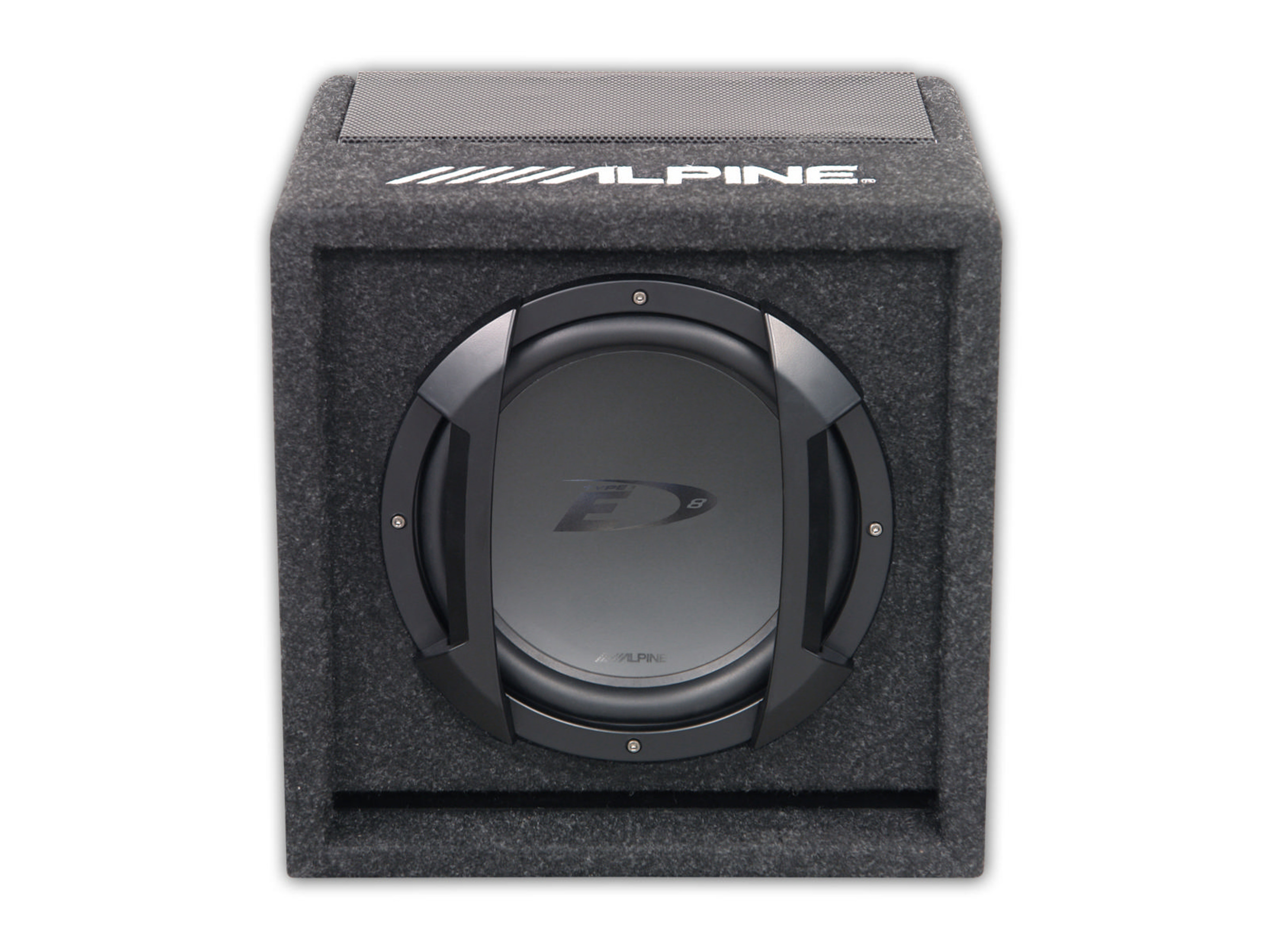 Ein schwarzer Alpine Subwoofer in einem grauen Gehäuse mit weißem Schriftzug.