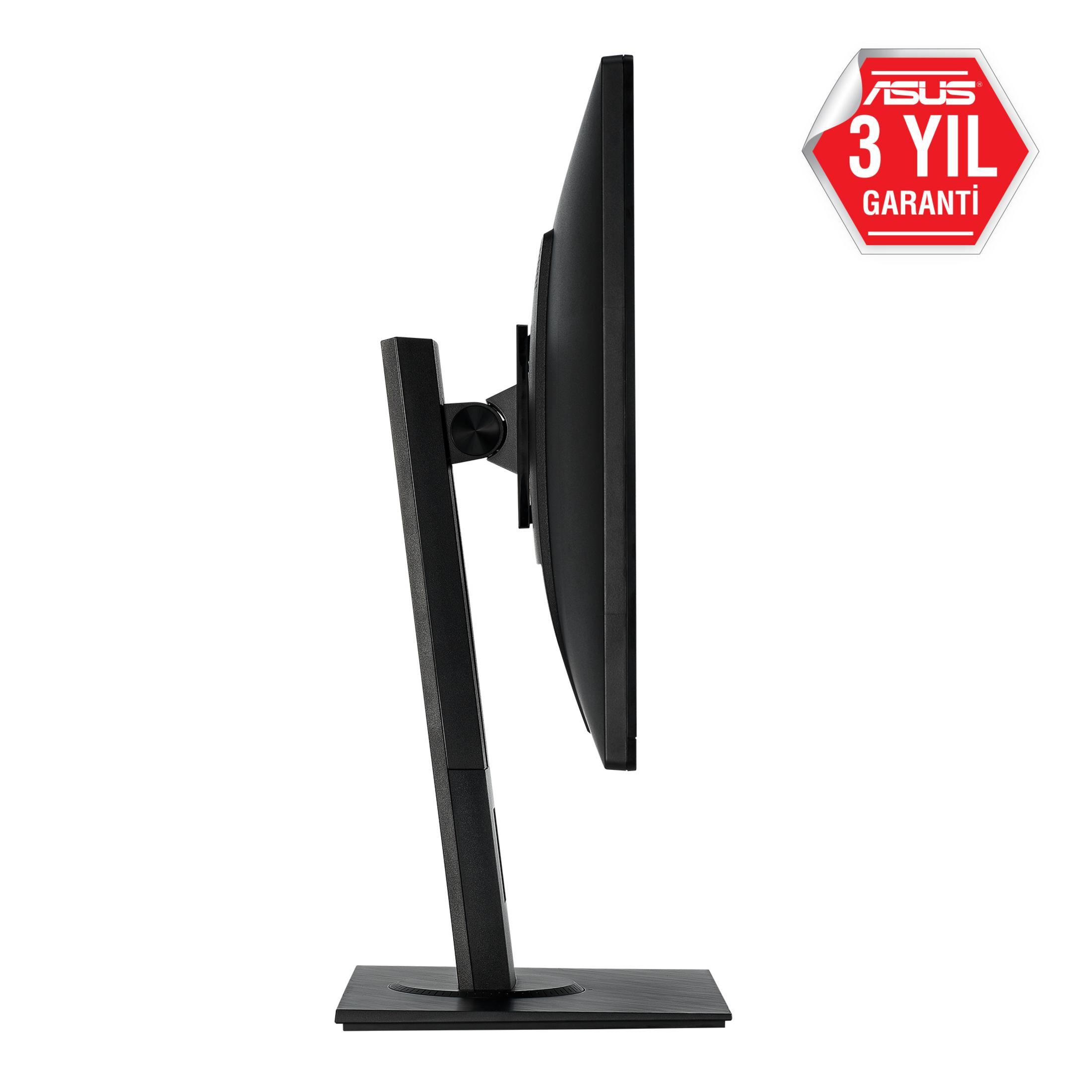 Seitenansicht eines schwarzen Monitors mit ASUS 3 Jahre Garantie-Aufkleber.