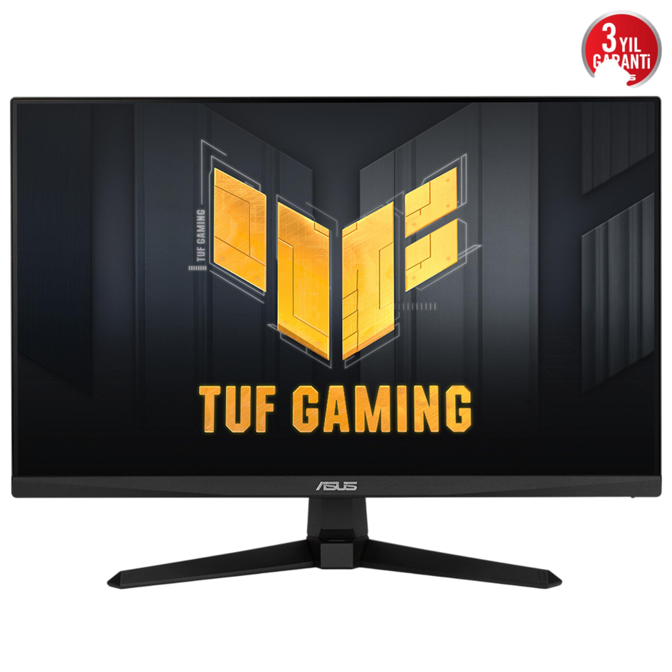 Czarny monitor komputerowy z logo TUF Gaming i pieczęcią 3-letniej gwarancji.