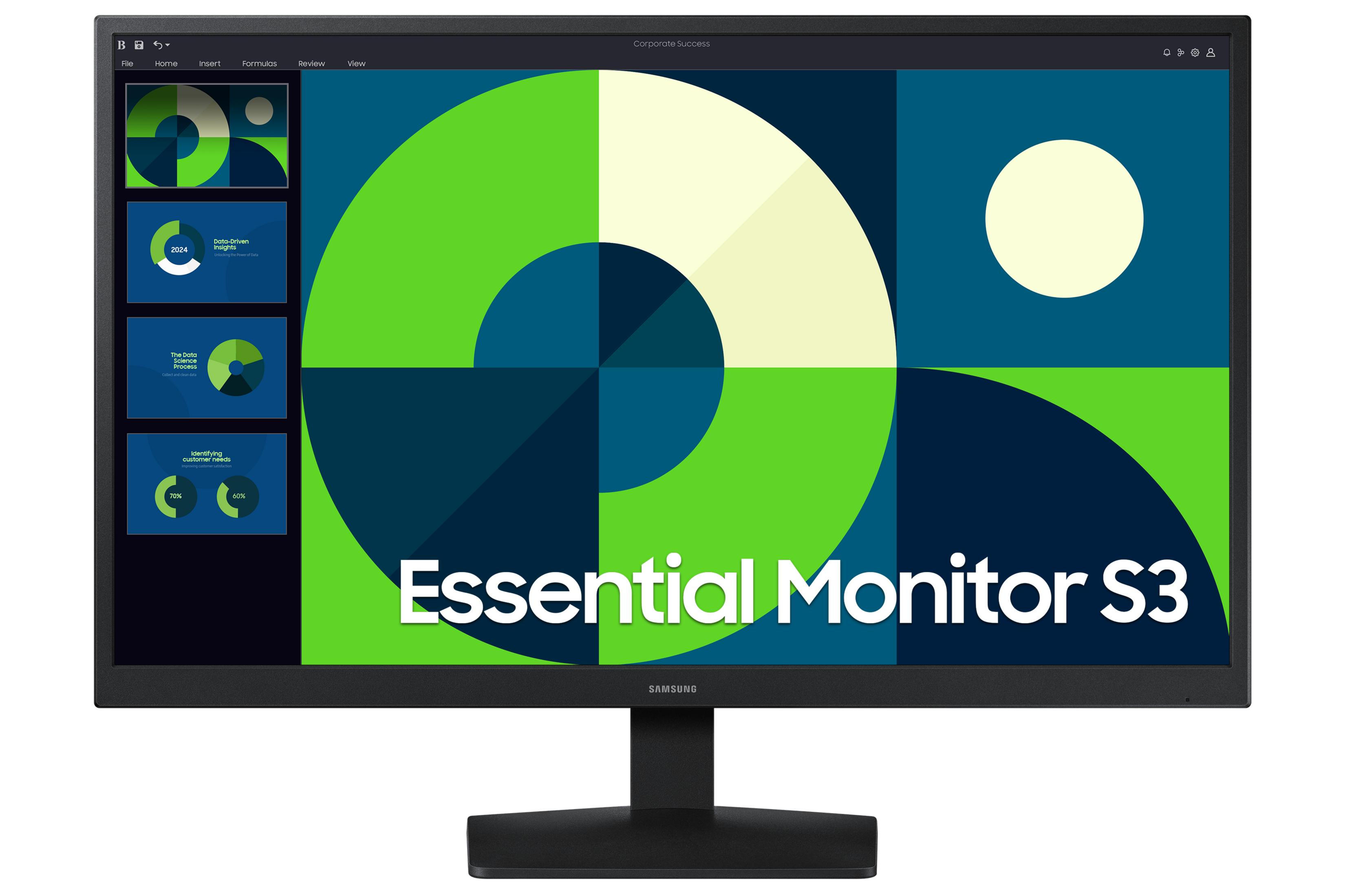 'Essential Monitor S3' yazılı soyut grafikler gösteren bir monitör.