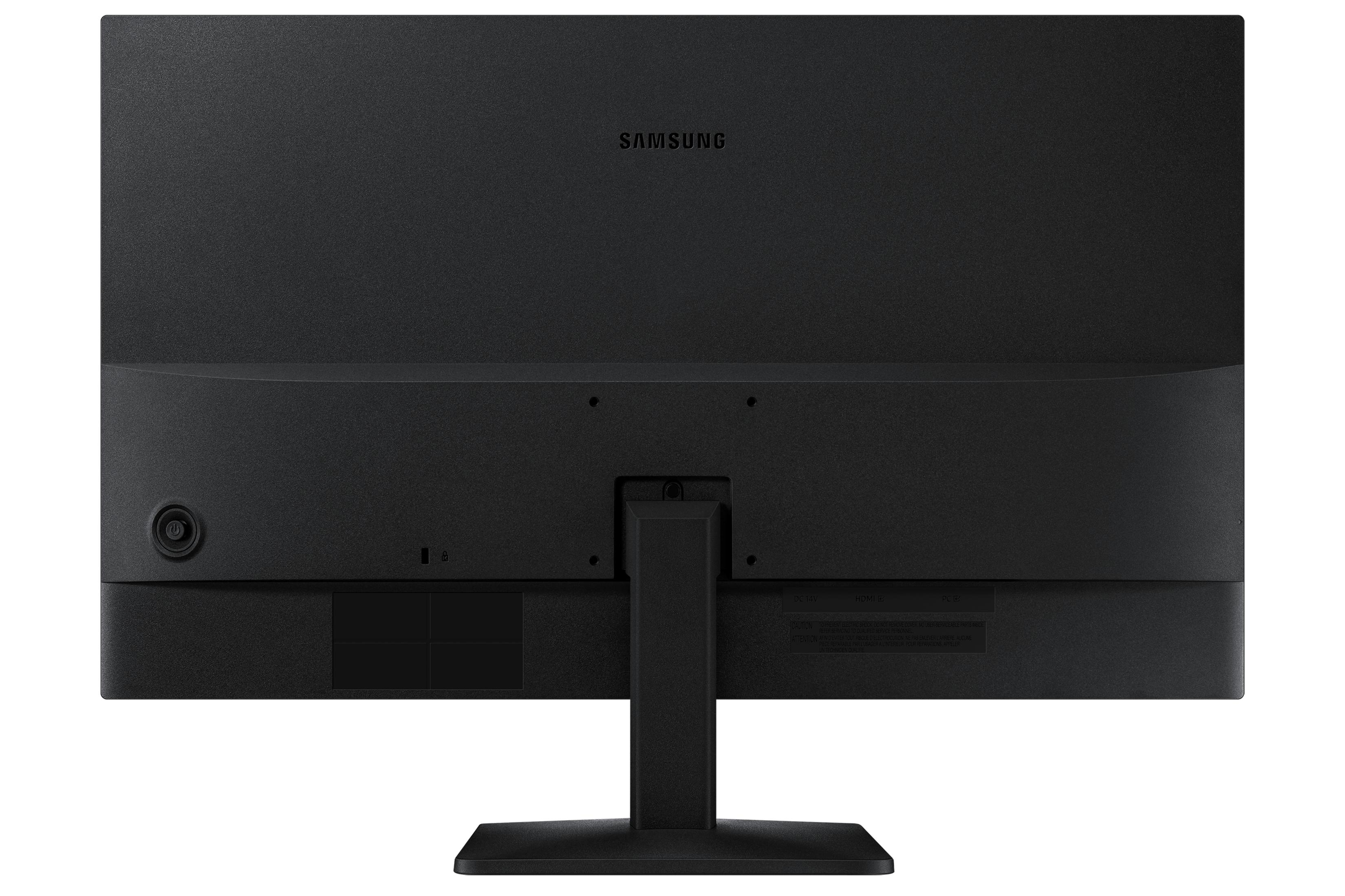 Bağlantı noktaları ve standı olan siyah Samsung monitörün arkası. Samsung logosu görünür.