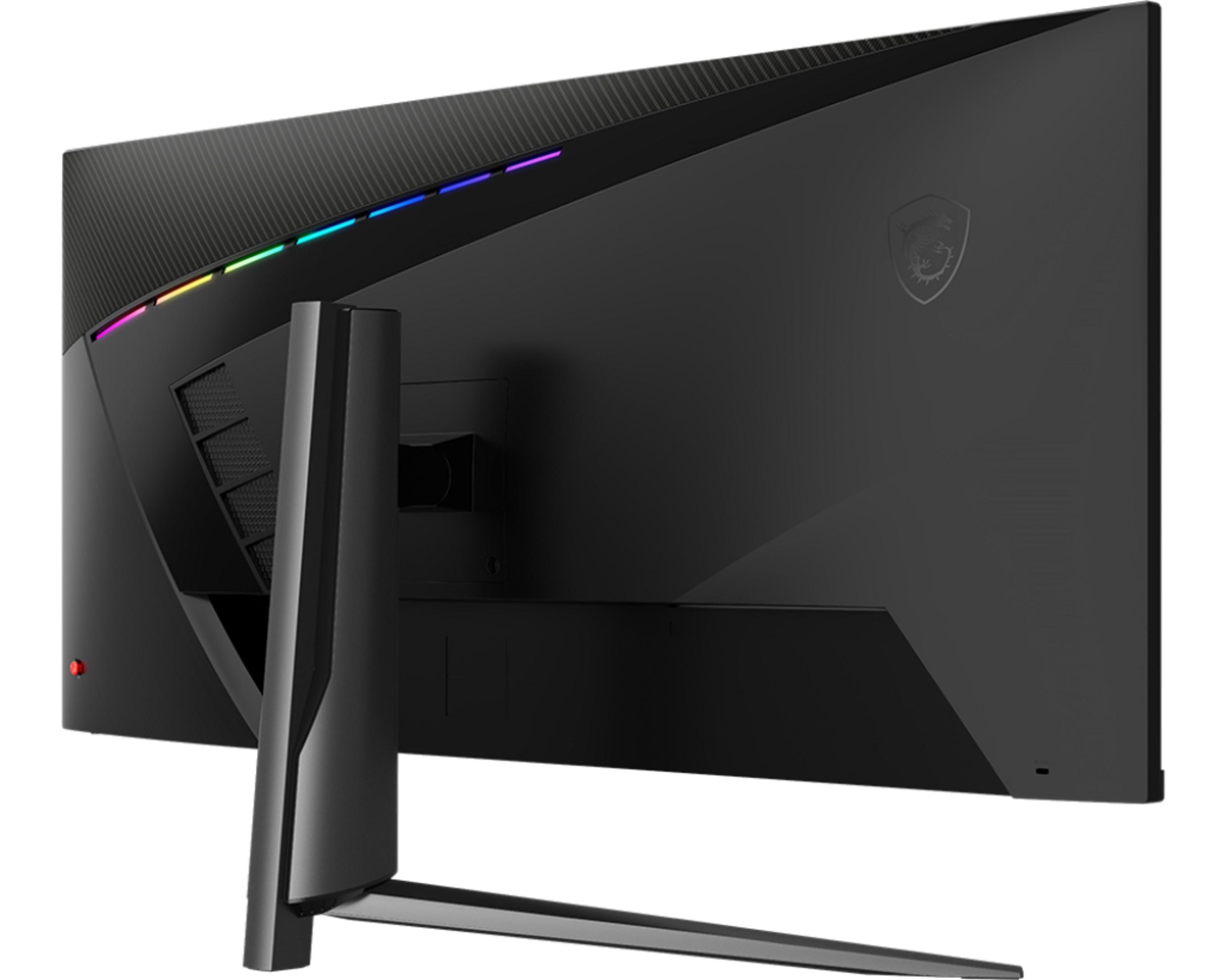 Parte trasera de un monitor negro con iluminación RGB y logo MSI.