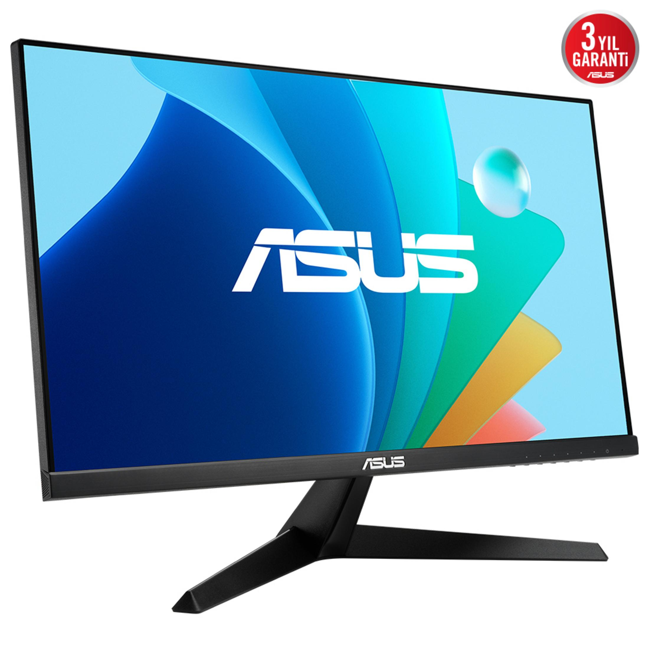 Czarny monitor Asus z abstrakcyjnym niebieskim tłem i logo Asus.