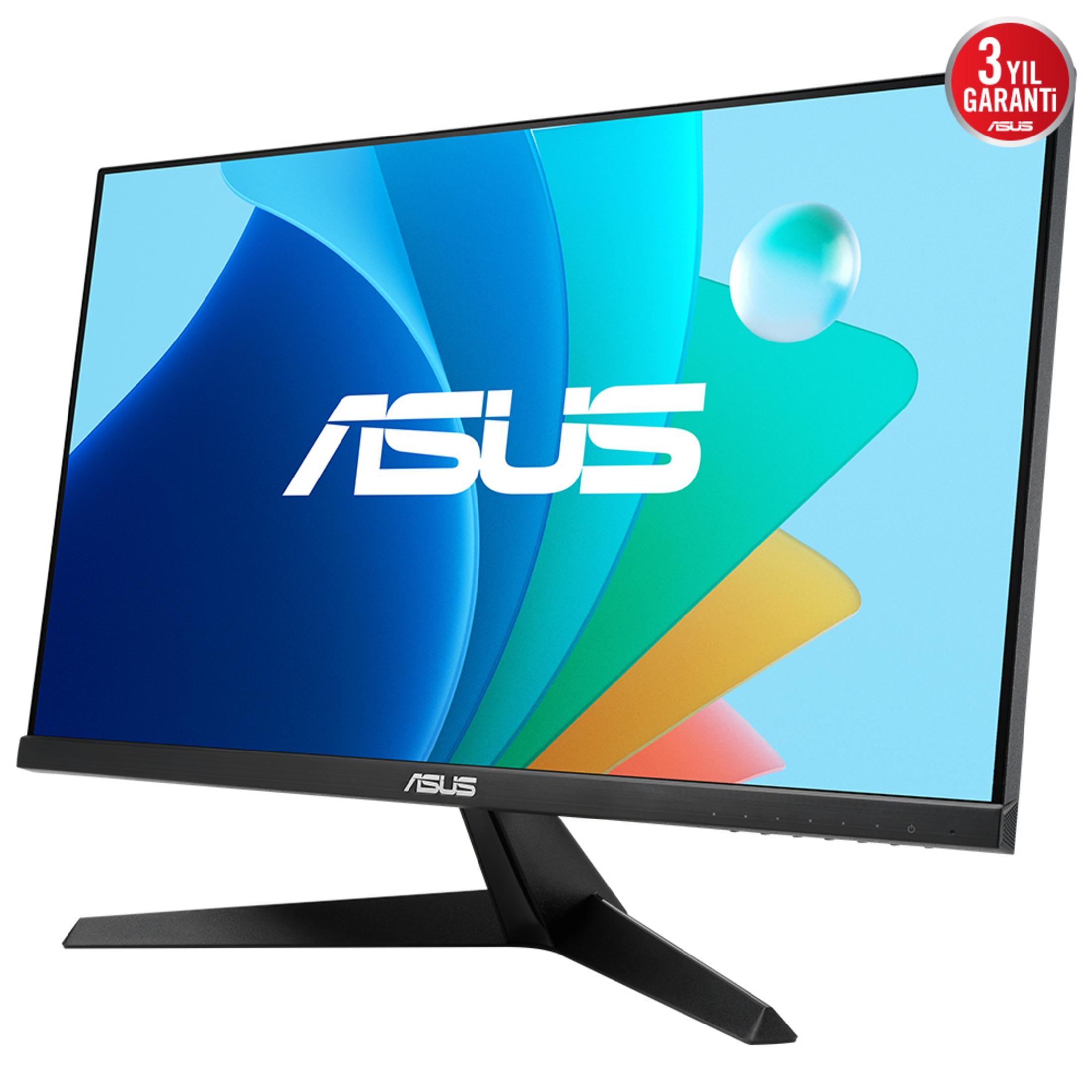 Monitor Asus wyświetlający kolorowe tło abstrakcyjne z logo Asus.
