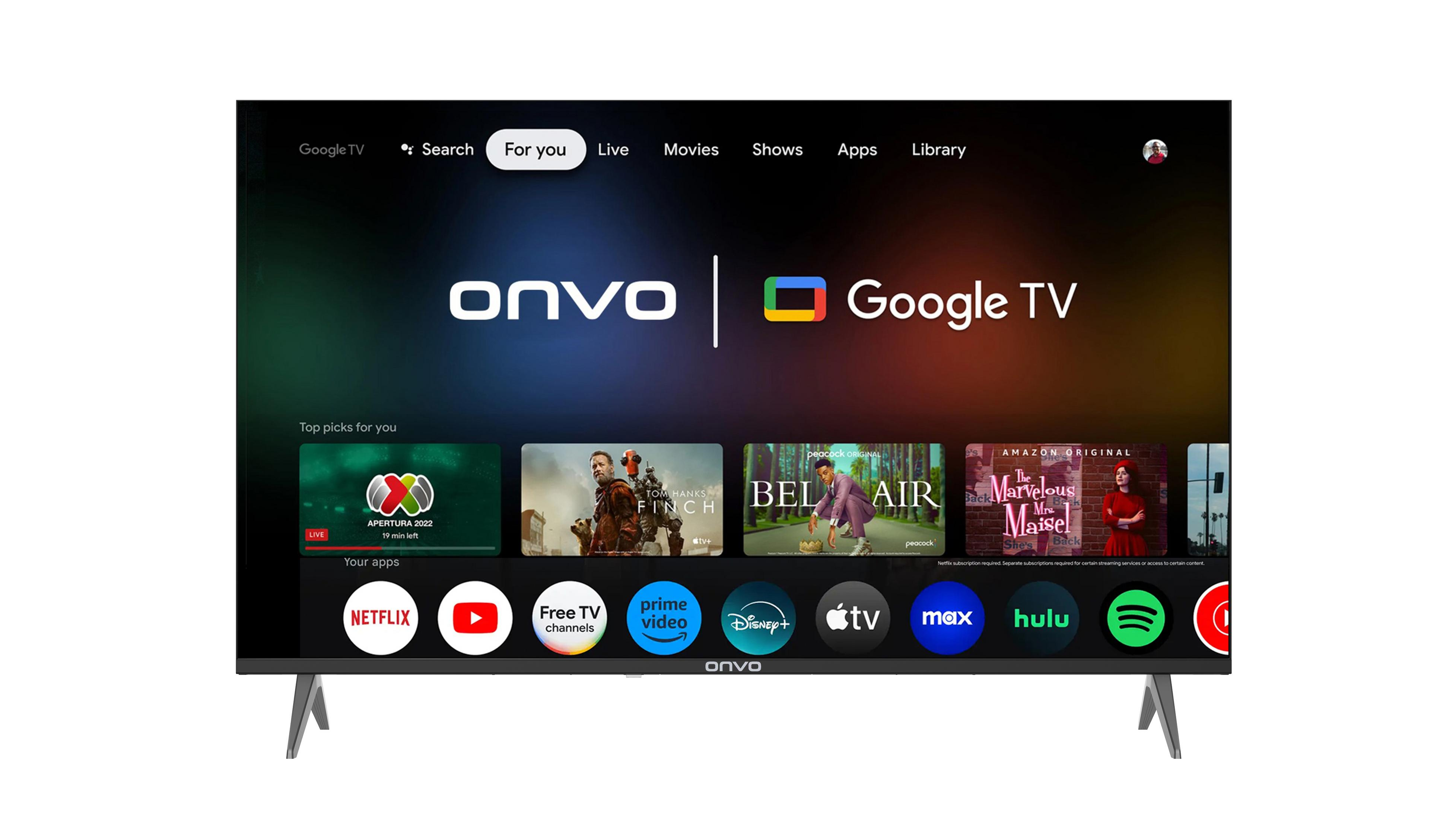 Çeşitli uygulamaları ve filmleri gösteren bir Onvo Google TV. Google TV sol üst köşede yer almaktadır.