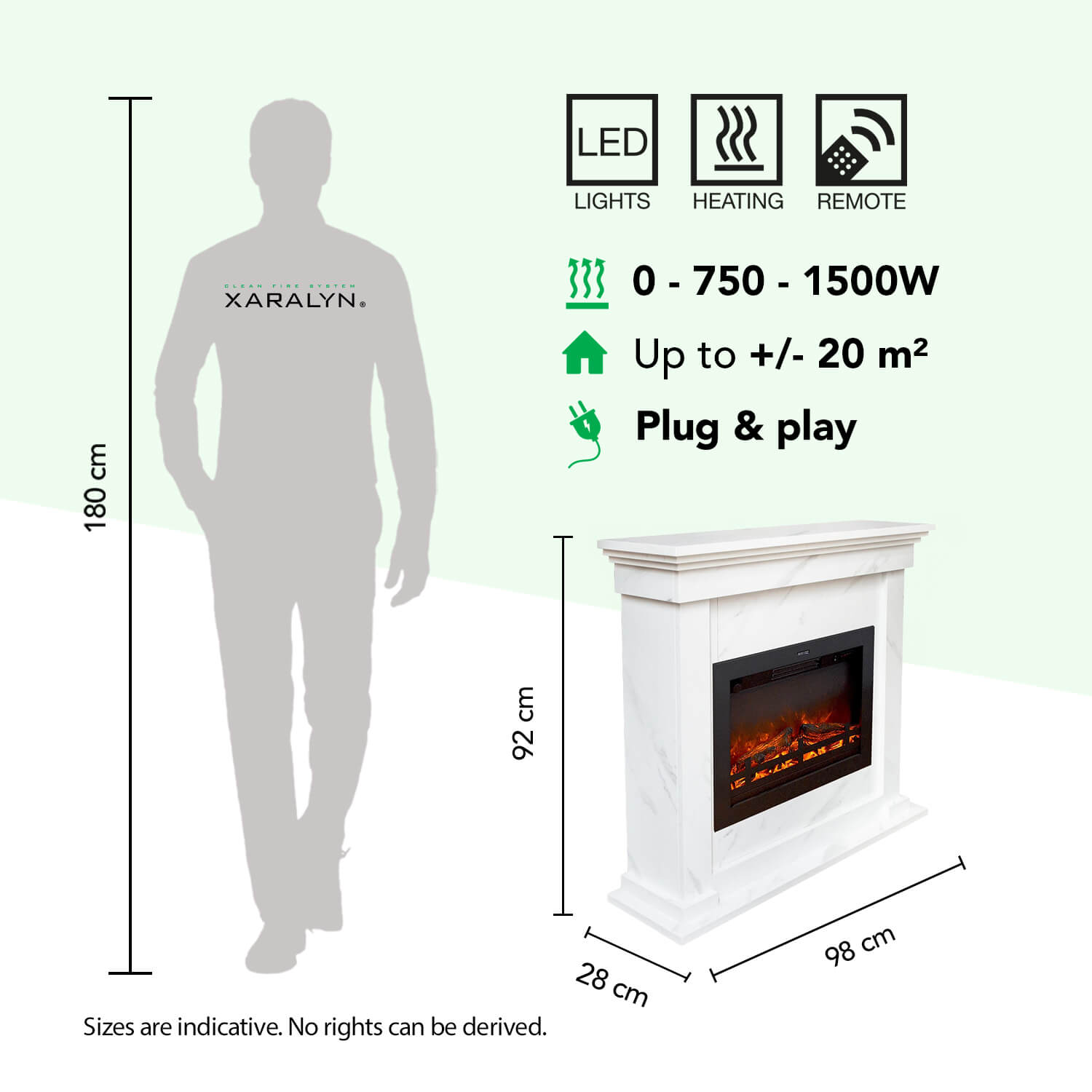 Witte marmeren haard met LED-vuur, 180 cm hoog, met afmetingen.