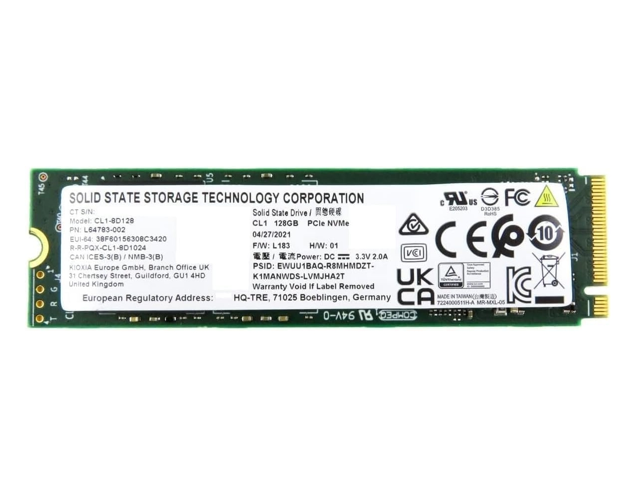 Un'unità a stato solido con etichette e loghi di certificazione, modello CL1 128GB PCIe NVMe.