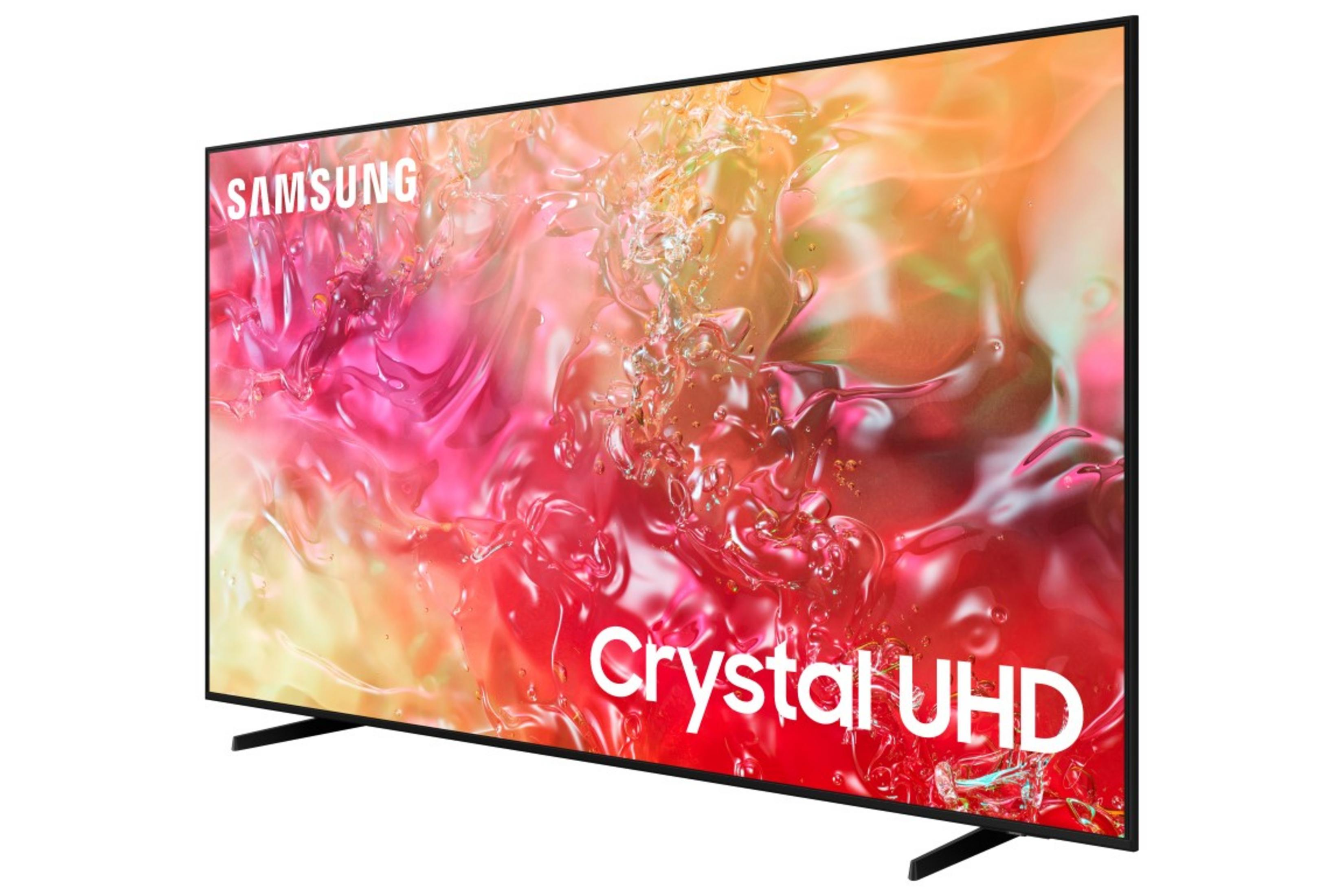 Kırmızı ve sarı tonlarda soyut, sıvı arka plana sahip Samsung Crystal UHD TV.