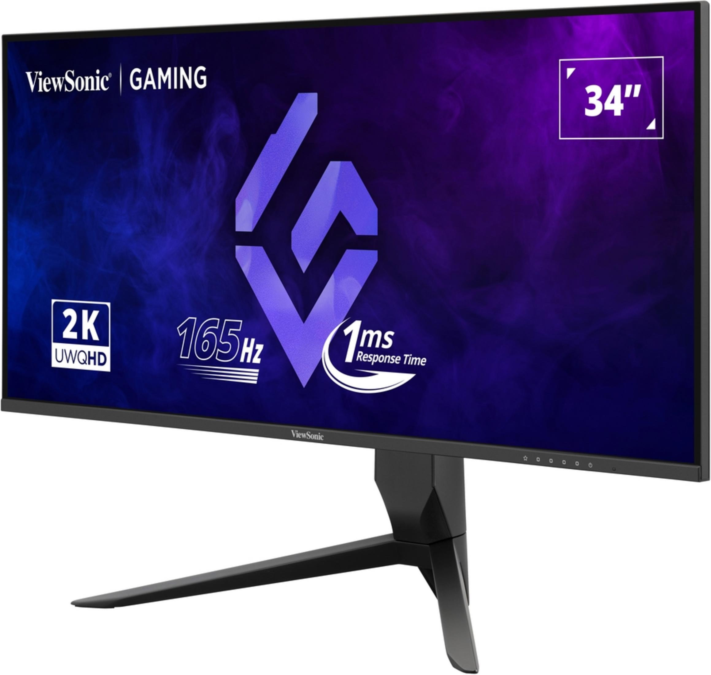 Ein schwarzer ViewSonic 34-Zoll 2K UWQHD Gaming-Monitor mit 165Hz und 1ms Reaktionszeit.