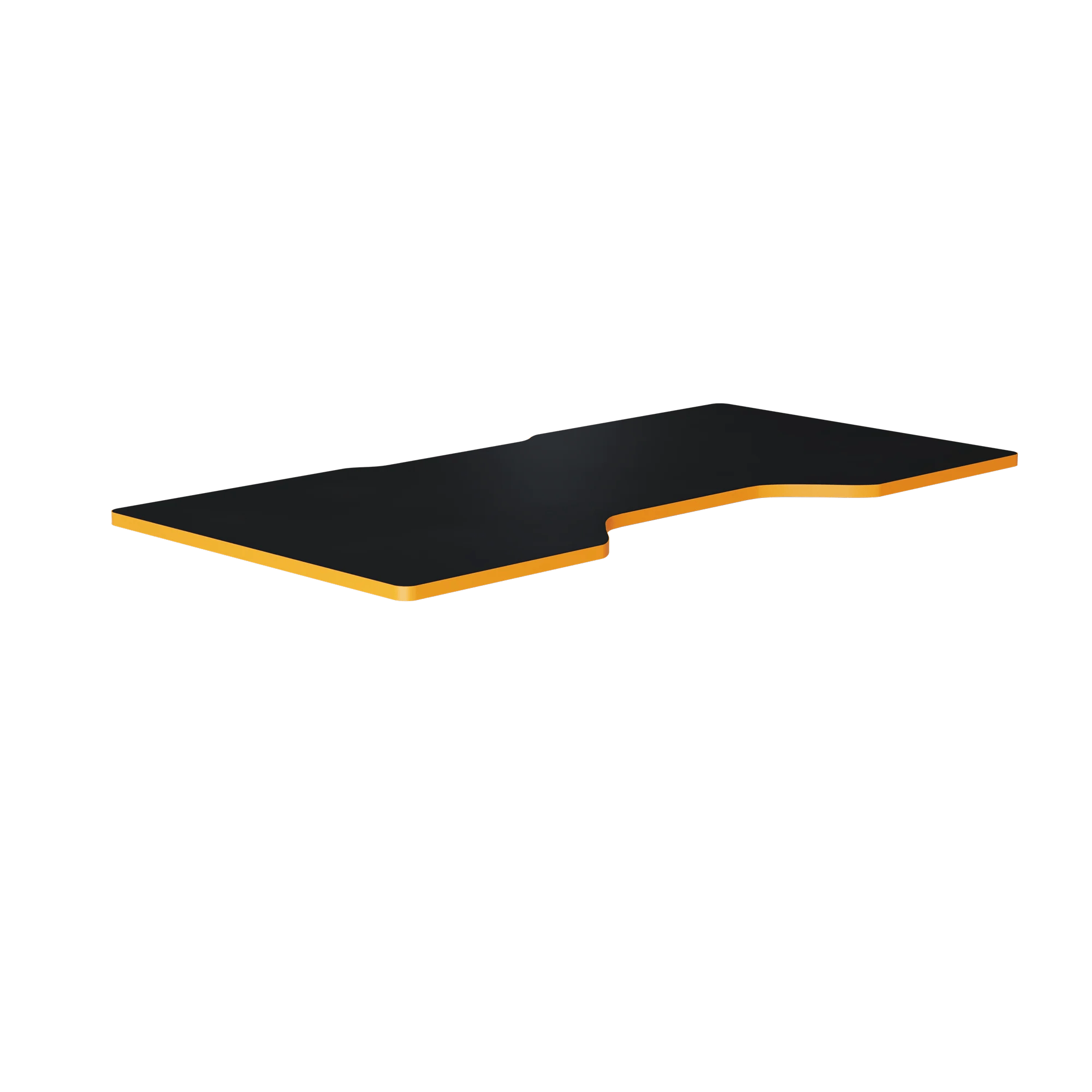 Schwarzer Schreibtisch mit orangefarbenem Rand, L-förmig, auf grünem Hintergrund.