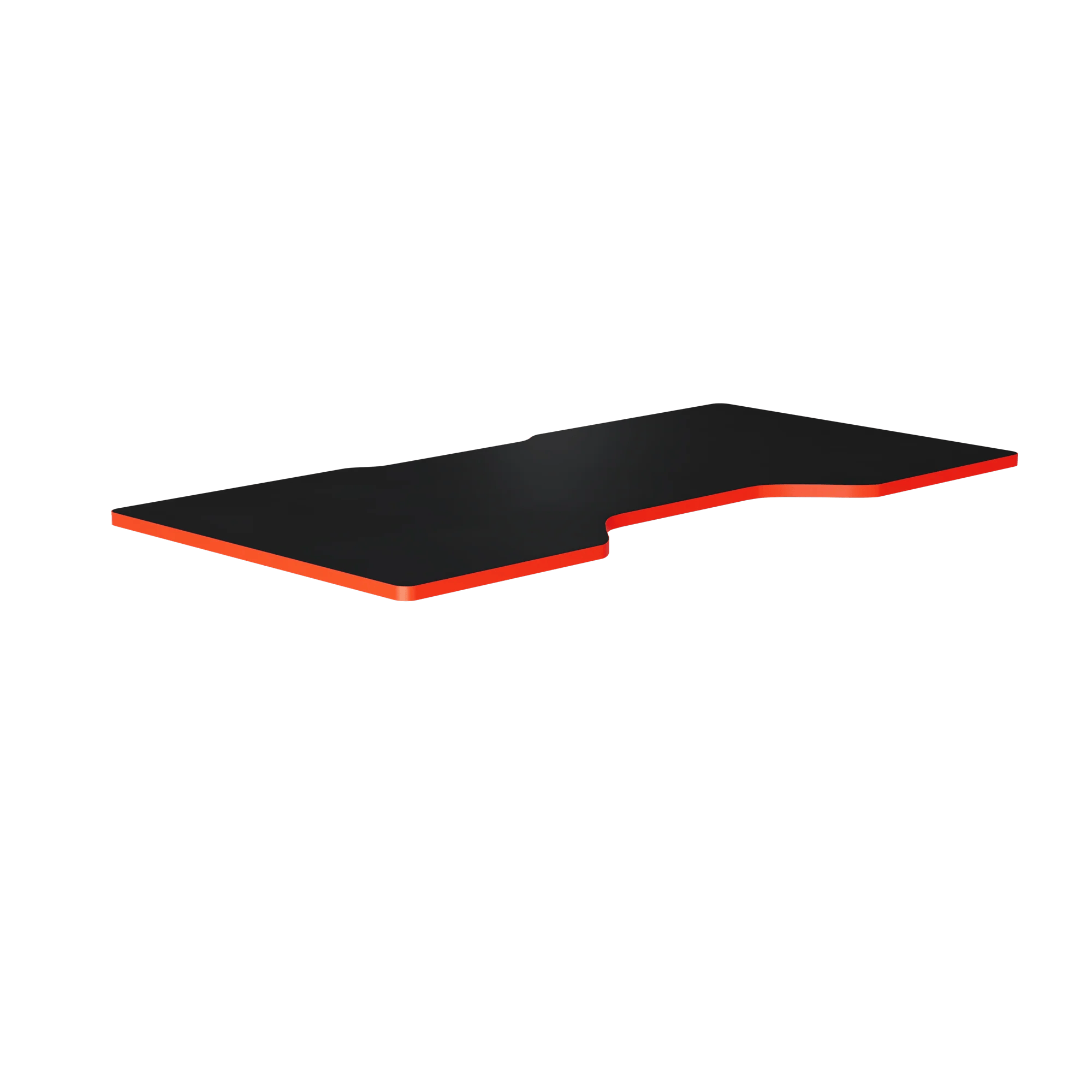 Schwarze Tischplatte mit rotem Rand, ergonomisch geformt.