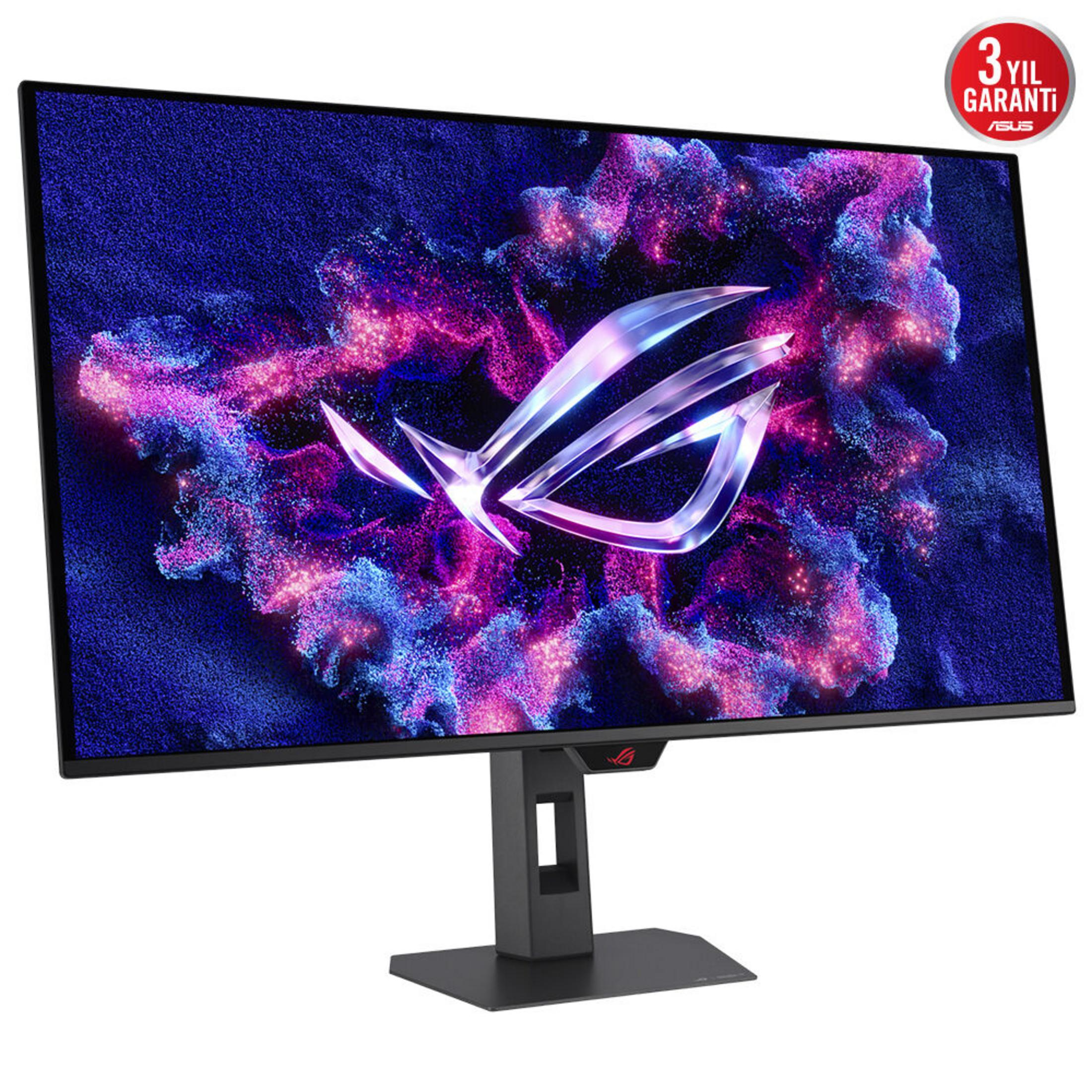 Moniteur ASUS ROG avec fond abstrait dynamique violet et bleu et logo.