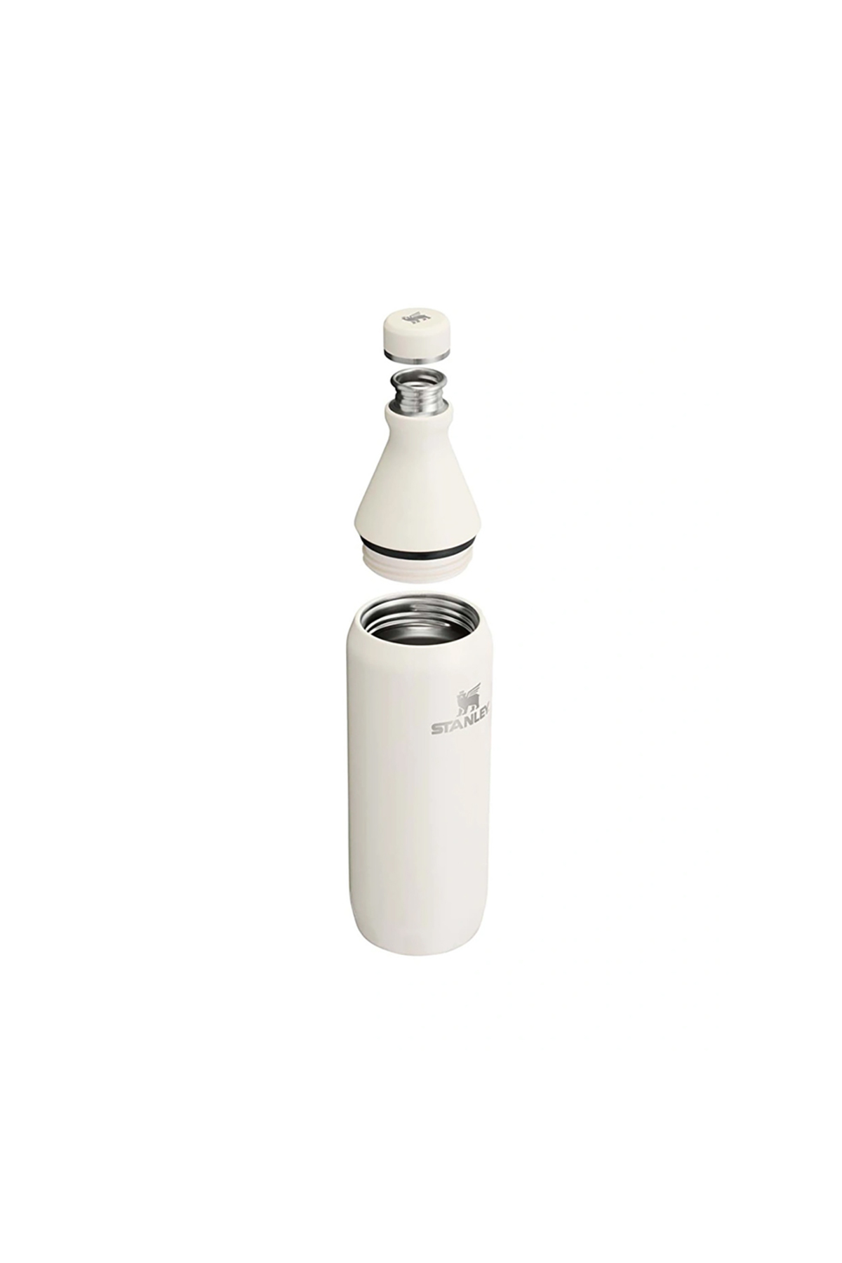 Un recipiente Stanley blanco, desmontado en tres partes: base, tapa y pieza superior.