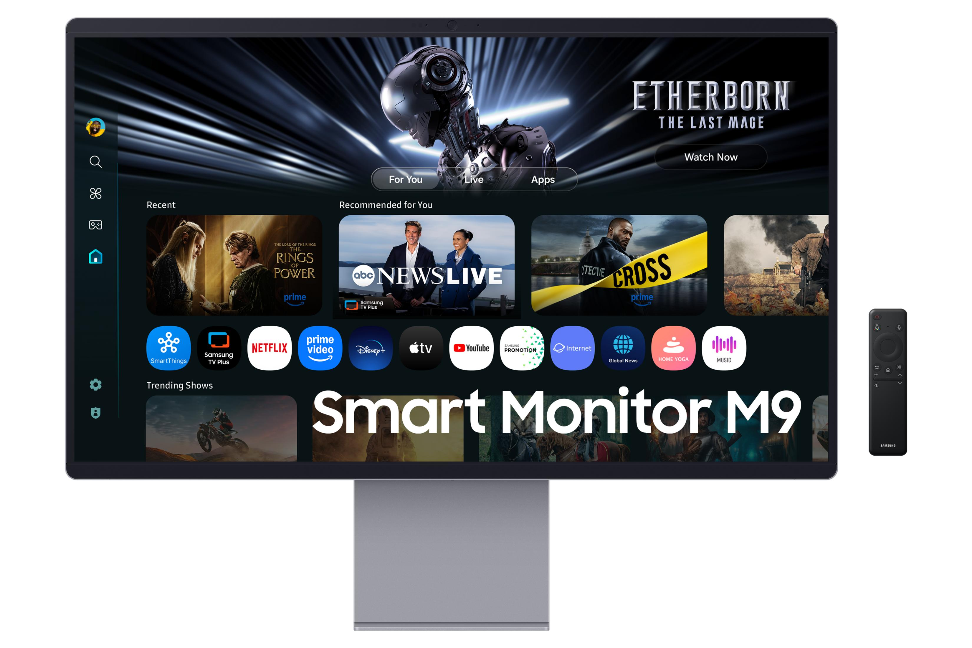 Samsung Smart Monitor M9, uzaktan kumandayla çeşitli uygulamaları ve şovları gösteriyor.