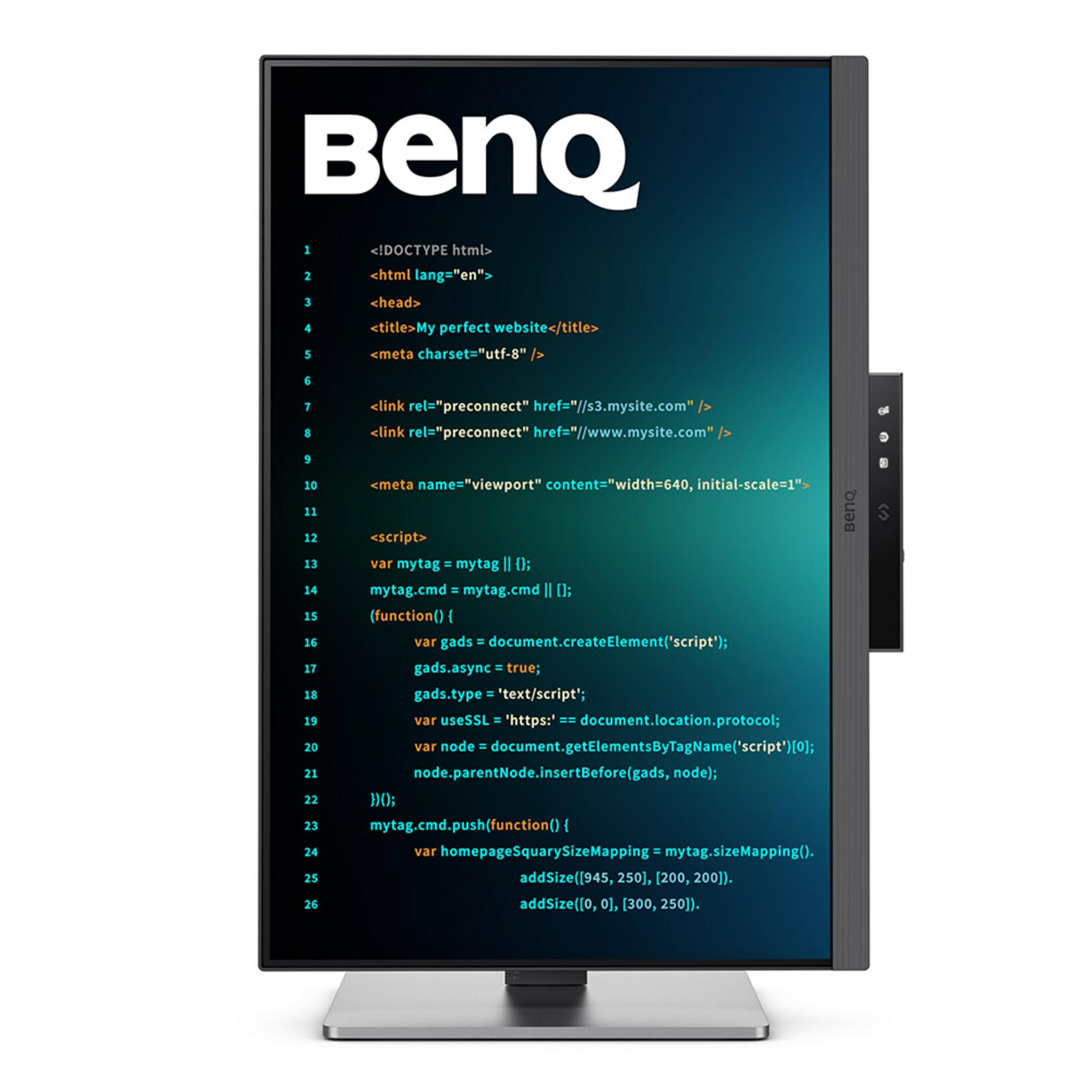 Een BenQ monitor toont code op een donkere, verlopende achtergrond.