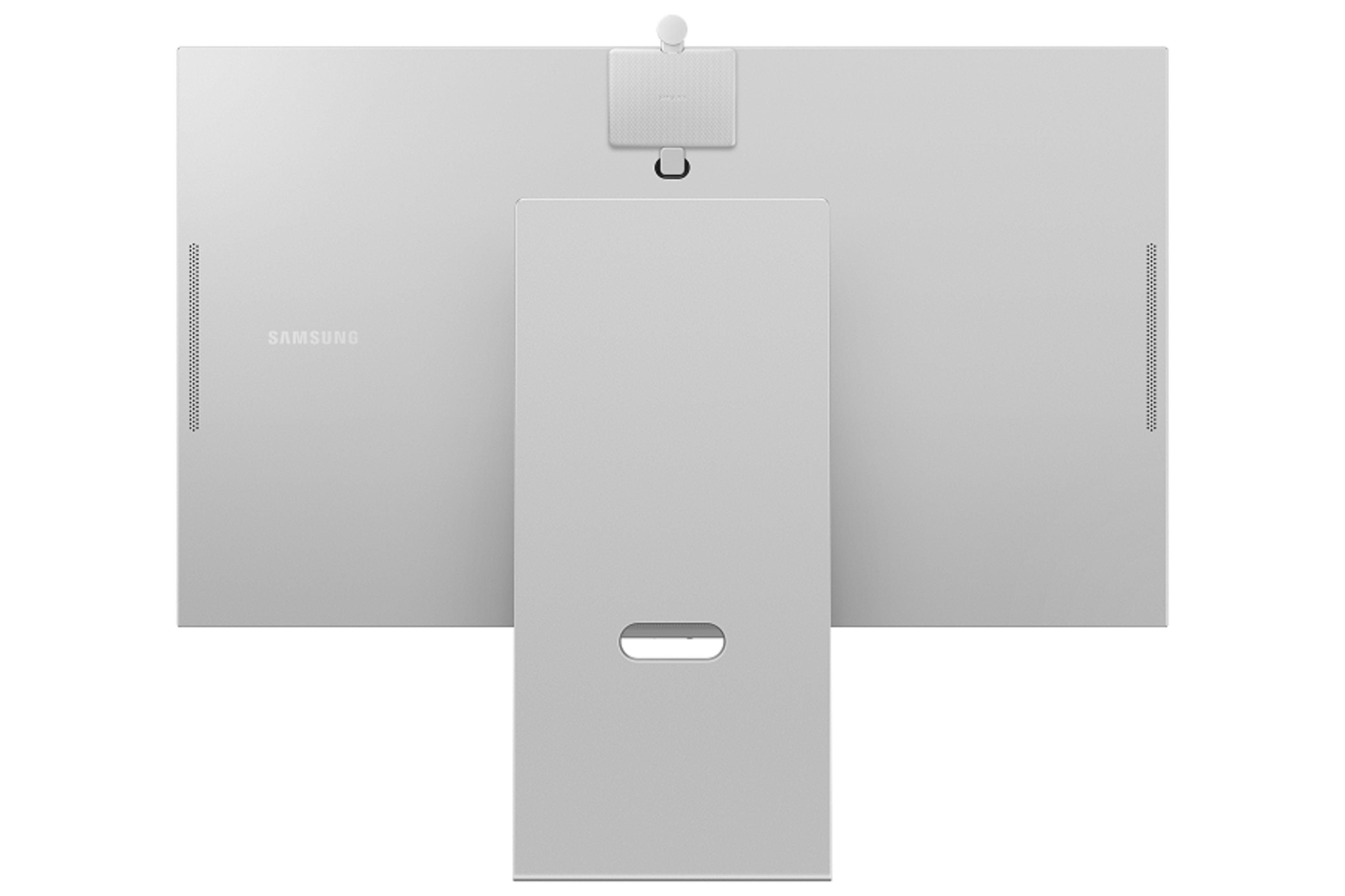 Samsung logolu beyaz monitörün arkası, çıkarılabilir kamera.