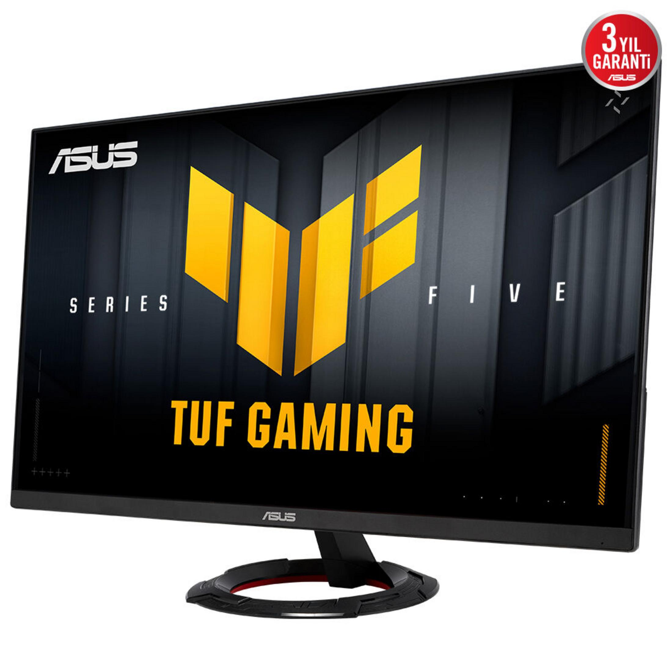 Black ASUS TUF Gaming monitor with yellow logo and warranty sticker.