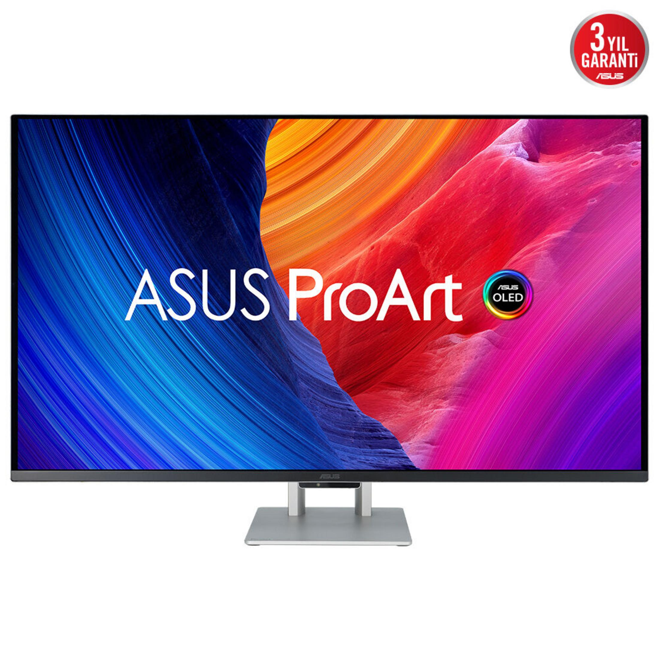 Monitor ASUS ProArt OLED z abstrakcyjnym tłem i logo gwarancji.