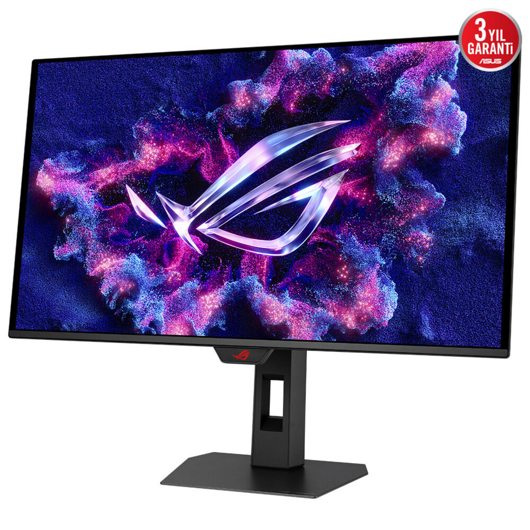Monitor gamingowy z logo ASUS i abstrakcyjnym fioletowo-niebieskim tłem.