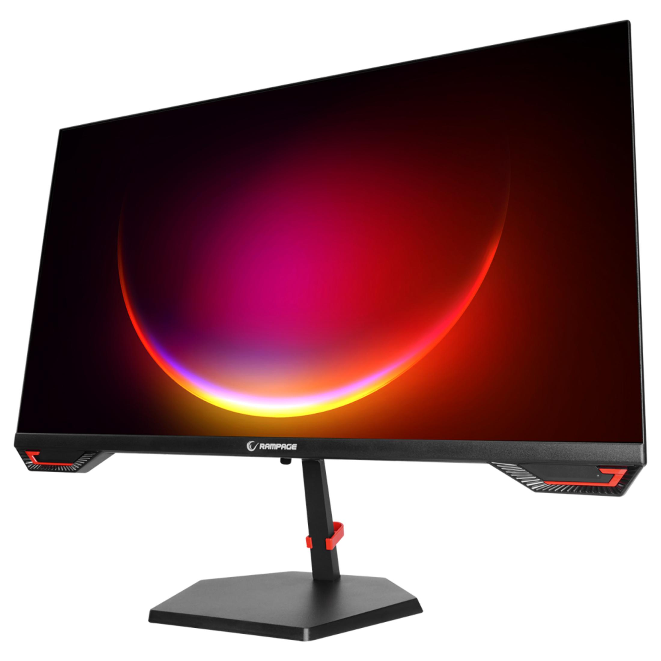 Monitor da gaming nero con immagine di sfondo rossa e viola.