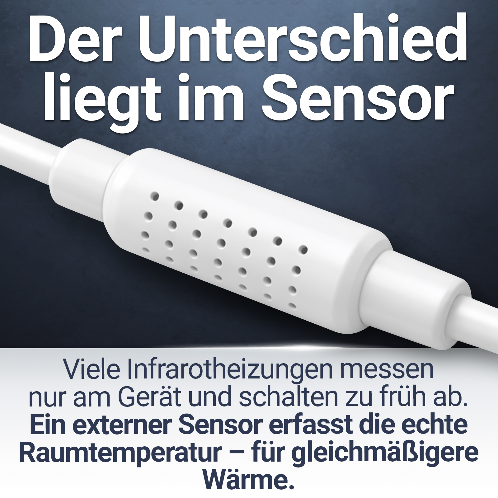 Ein weißer Sensor mit Löchern, verbunden mit einem Kabel. Über der Schrift.