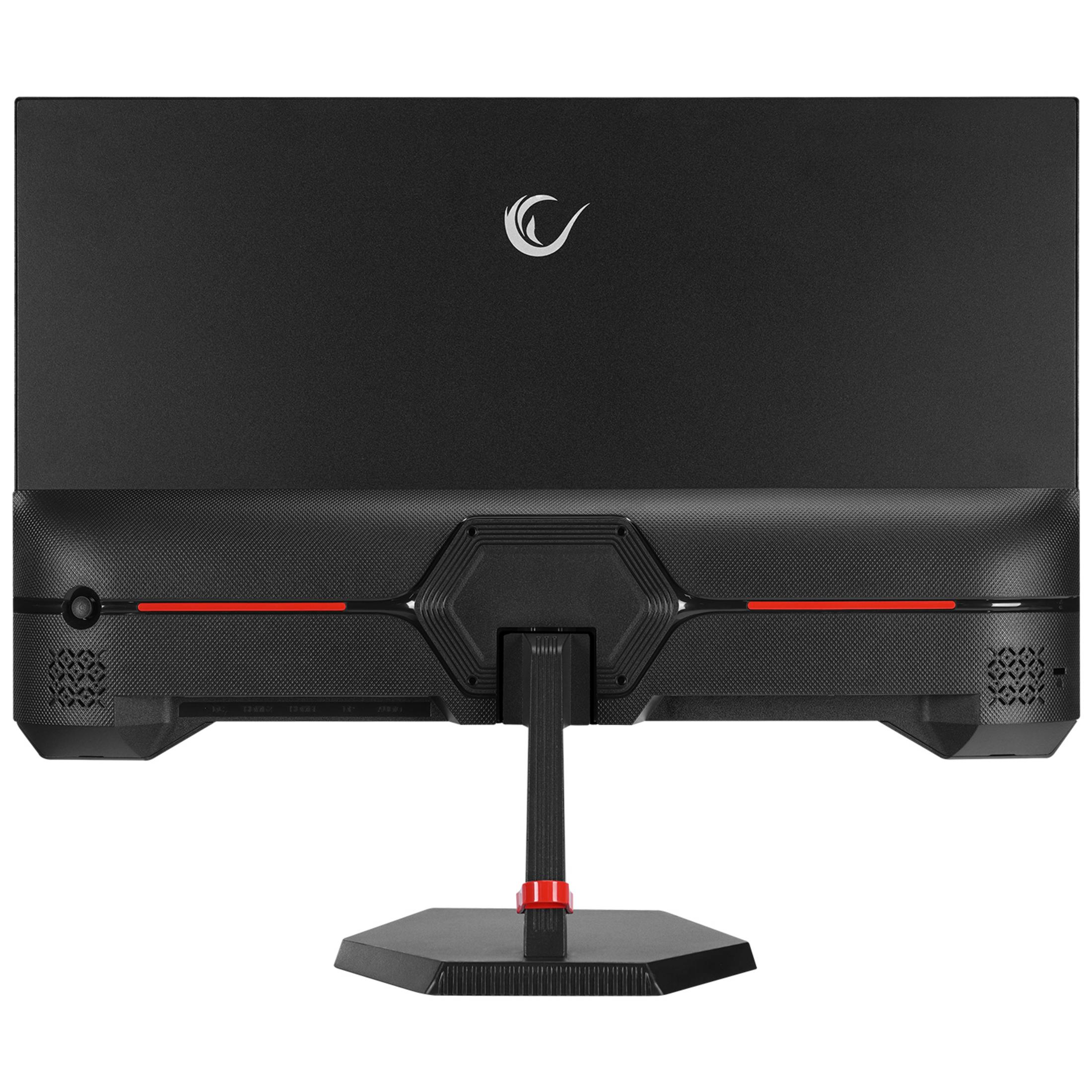 Retro di un monitor nero con accento rosso e logo.