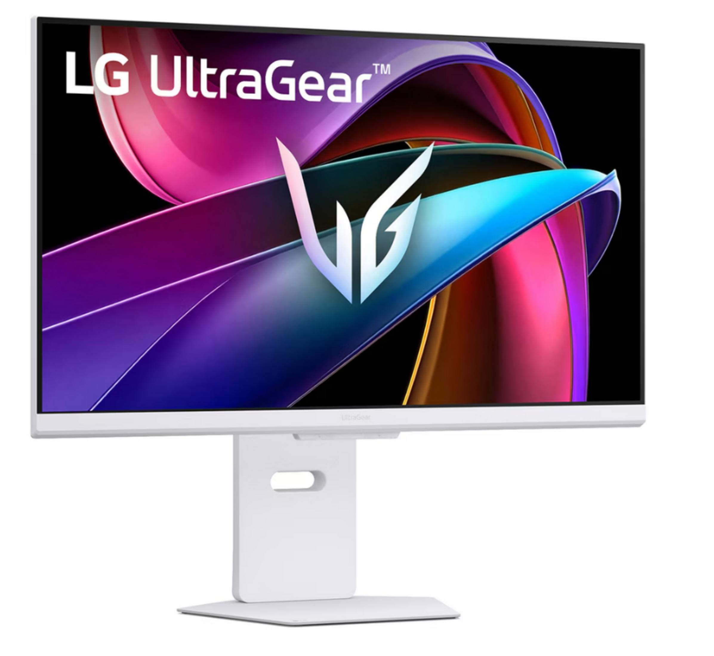 Renkli soyut duvar kağıdı gösteren beyaz bir LG UltraGear monitör.