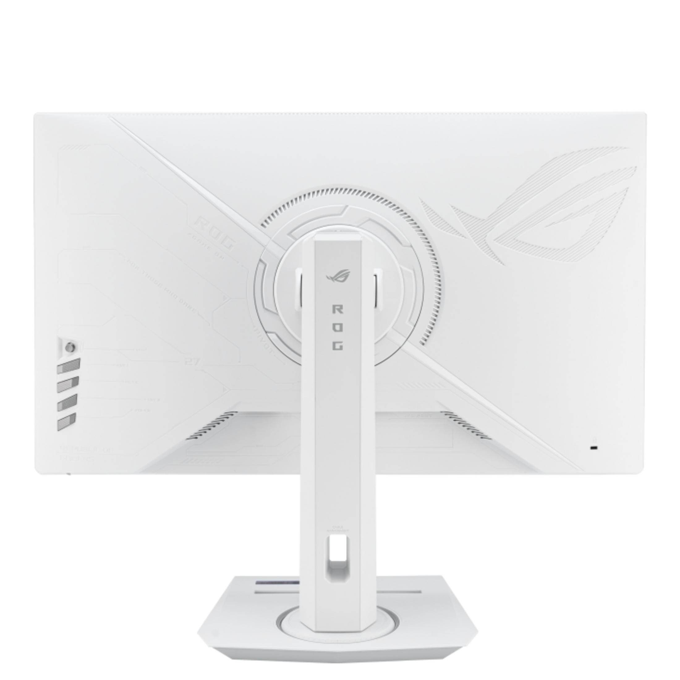 Rückseite eines weißen ROG-Monitors mit silbernem Ständer und Lüftungsschlitzen.