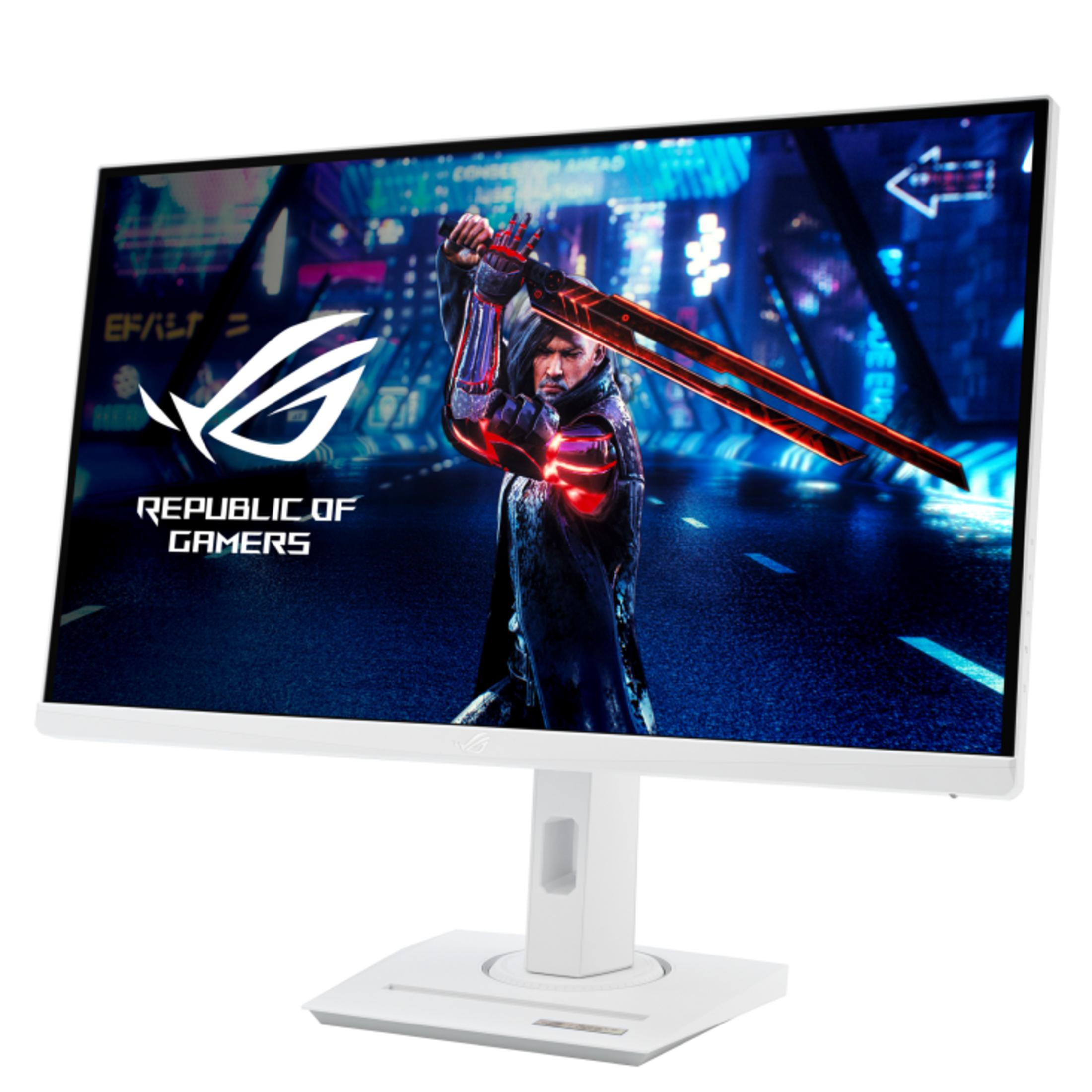 Ein weißer Monitor zeigt eine futuristische Figur mit einem leuchtenden Schwert.