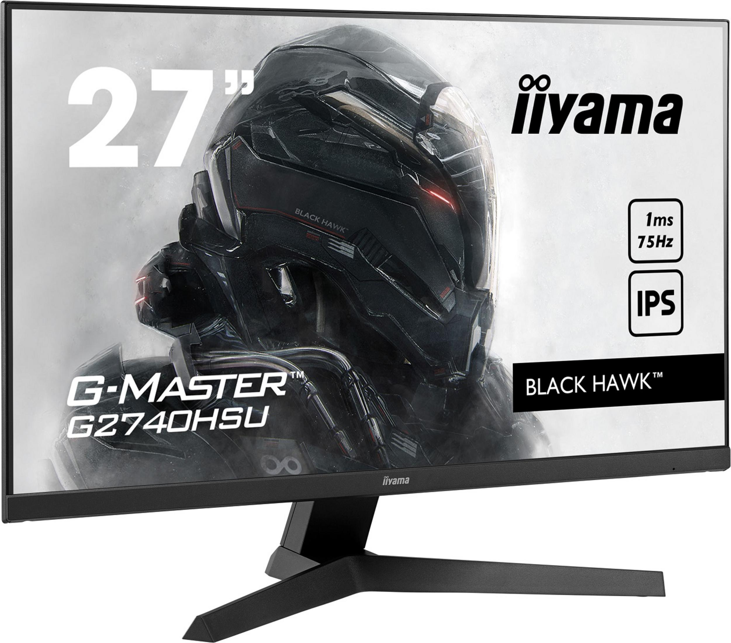 Un monitor iiyama da 27 pollici con design nero 'Black Hawk' e specifiche tecniche.