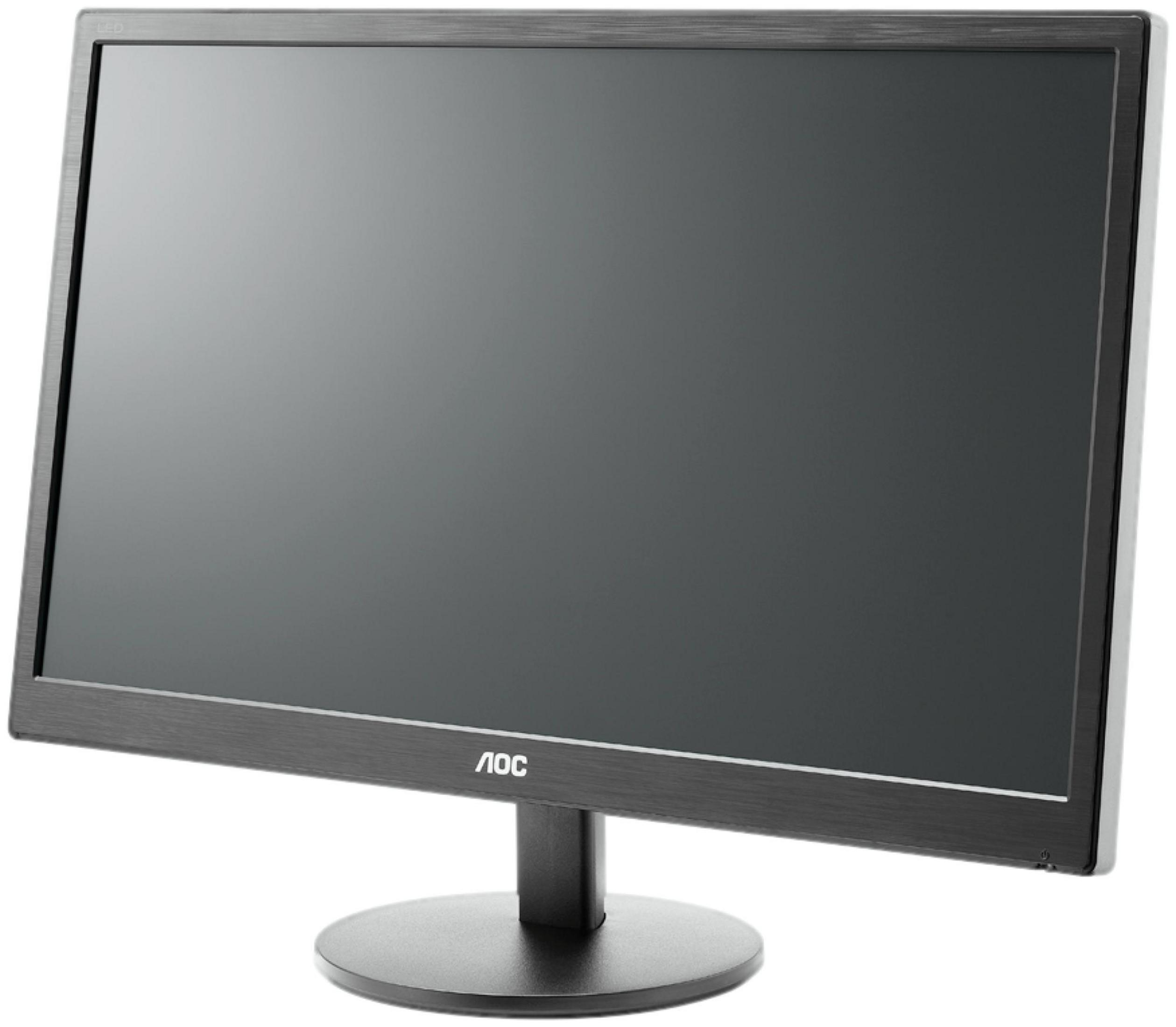 Un monitor AOC nero con supporto grigio su sfondo bianco.