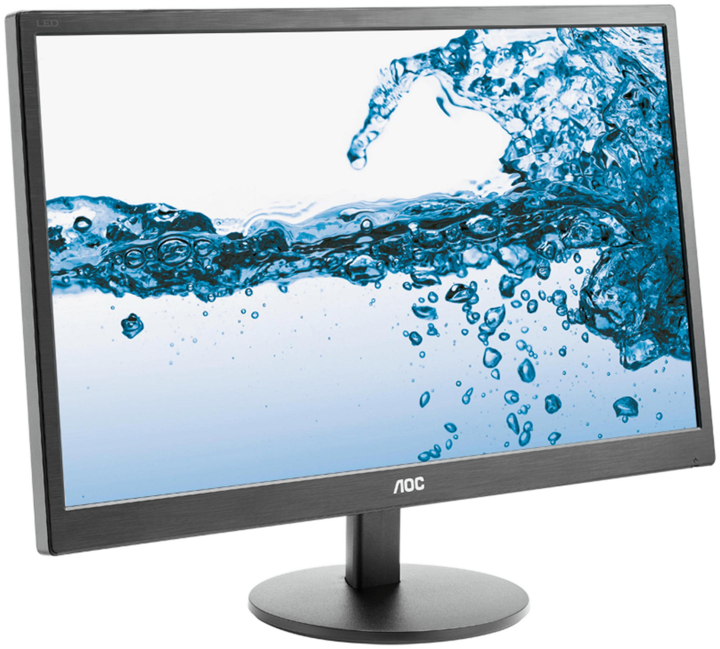 Un monitor AOC nero mostra uno splash d'acqua blu e bolle sullo schermo.