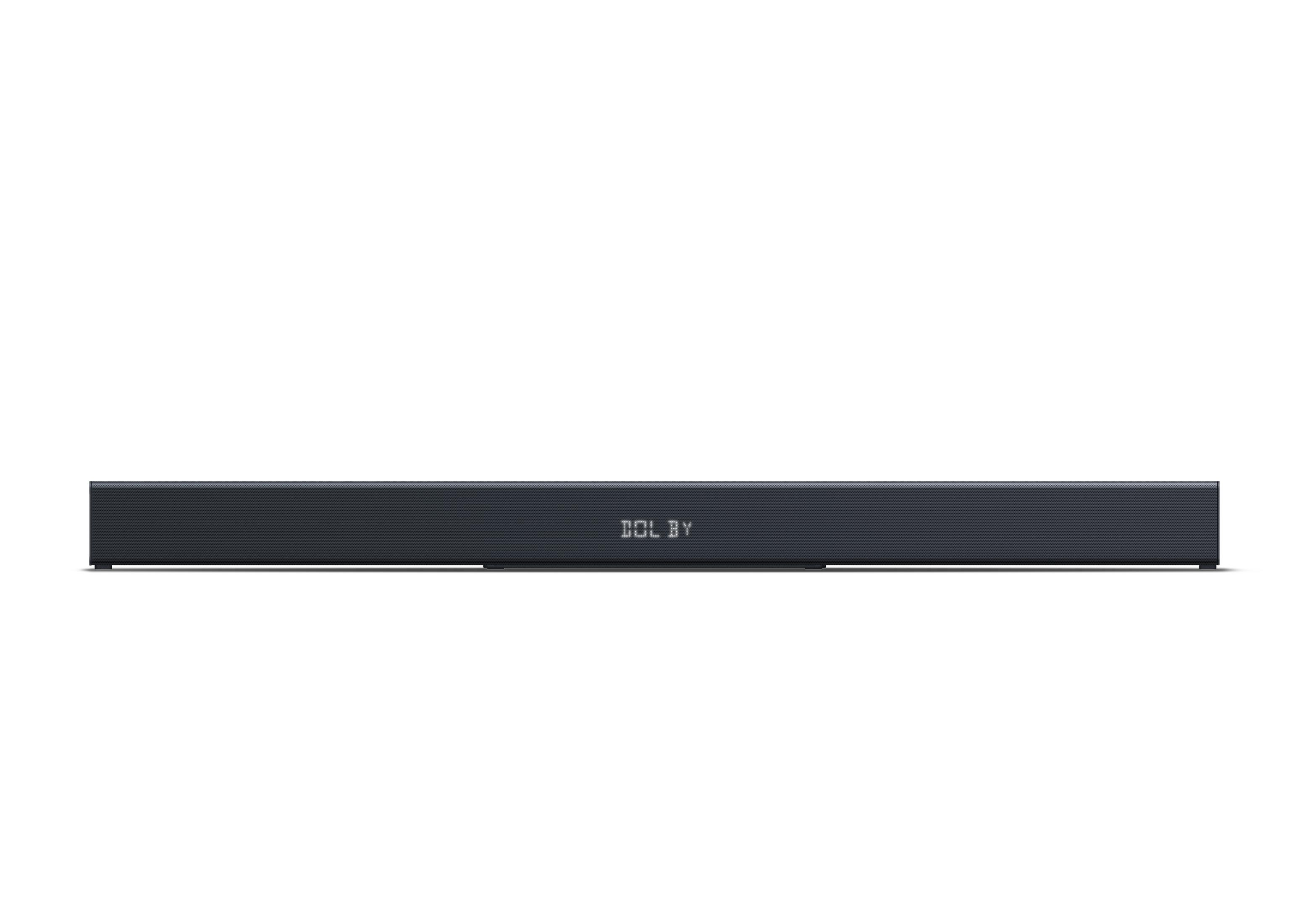 Eine dunkle Soundbar mit der Aufschrift „DOLBY“ in der Mitte.