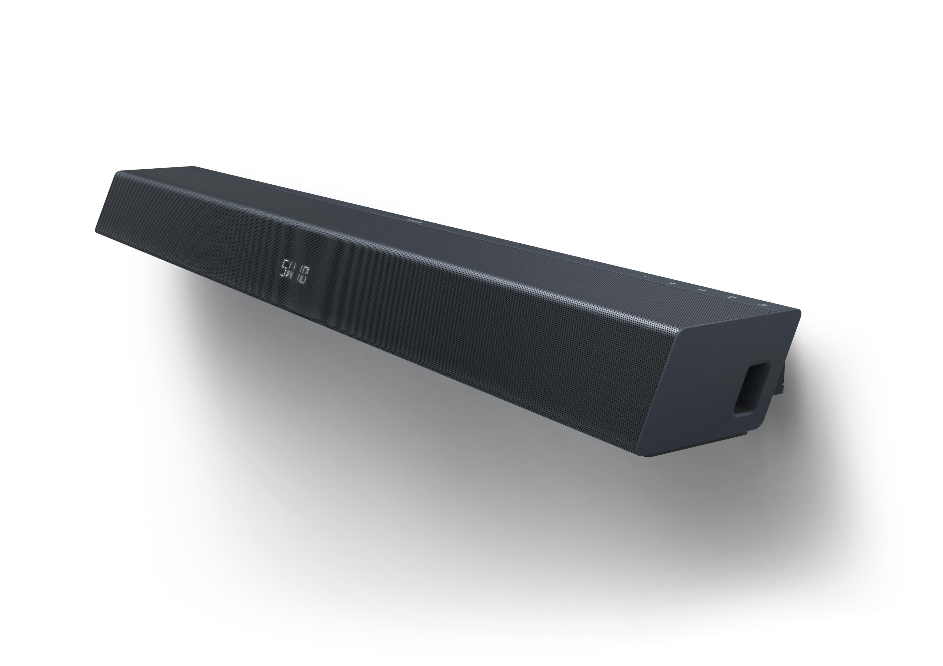 Eine dunkle Soundbar mit einem digitalen Display, auf weißem Hintergrund.