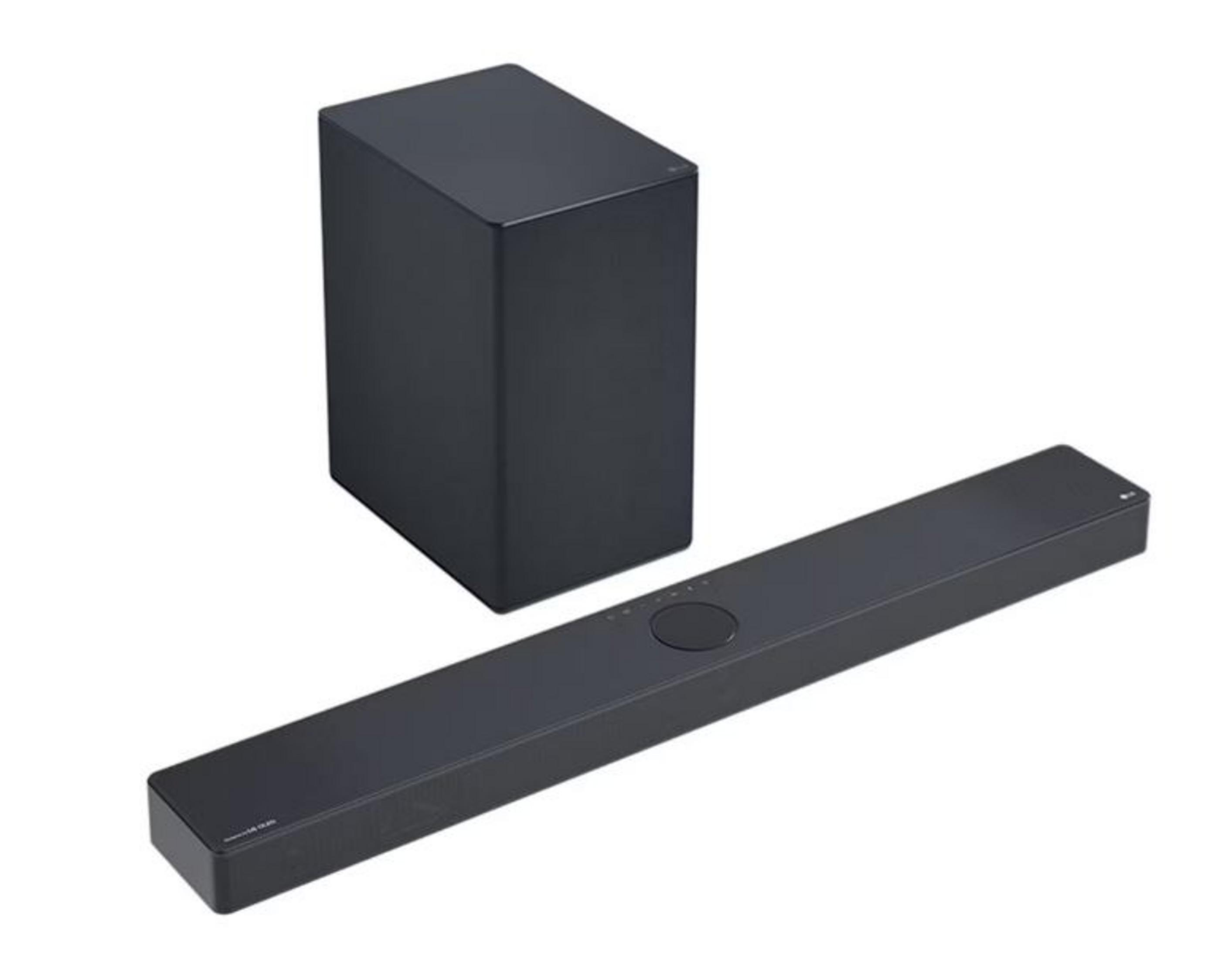 Schwarzer Subwoofer und Soundbar auf weißem Hintergrund.