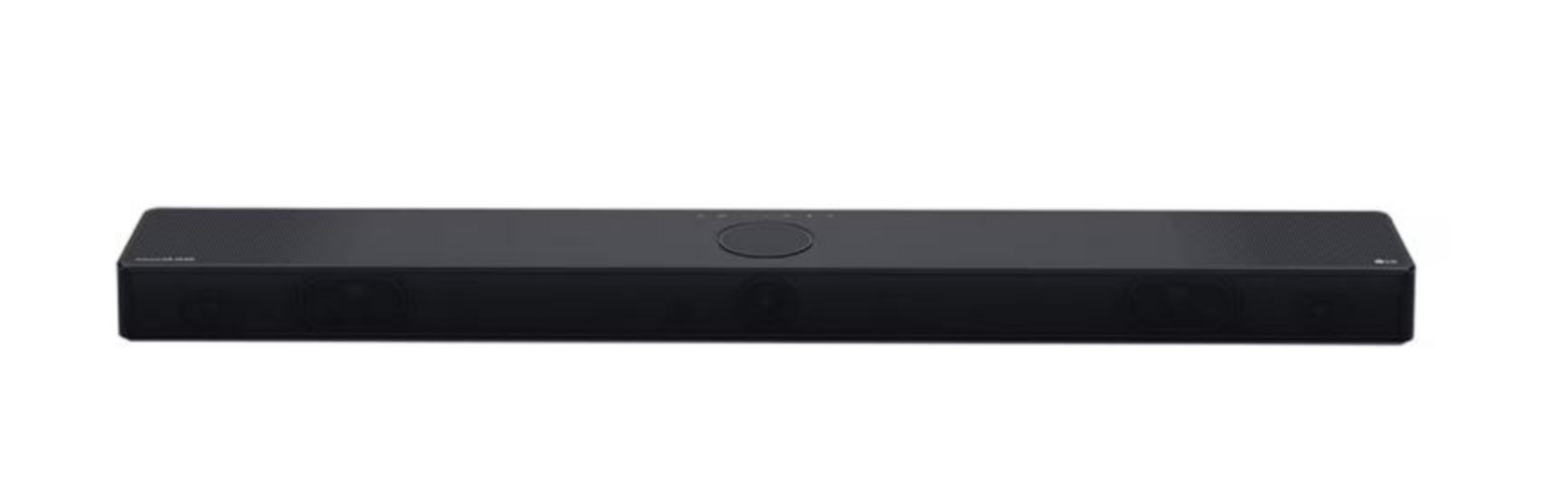 Schwarzer LG Soundbar mit Lautsprechern und Bedienelementen.