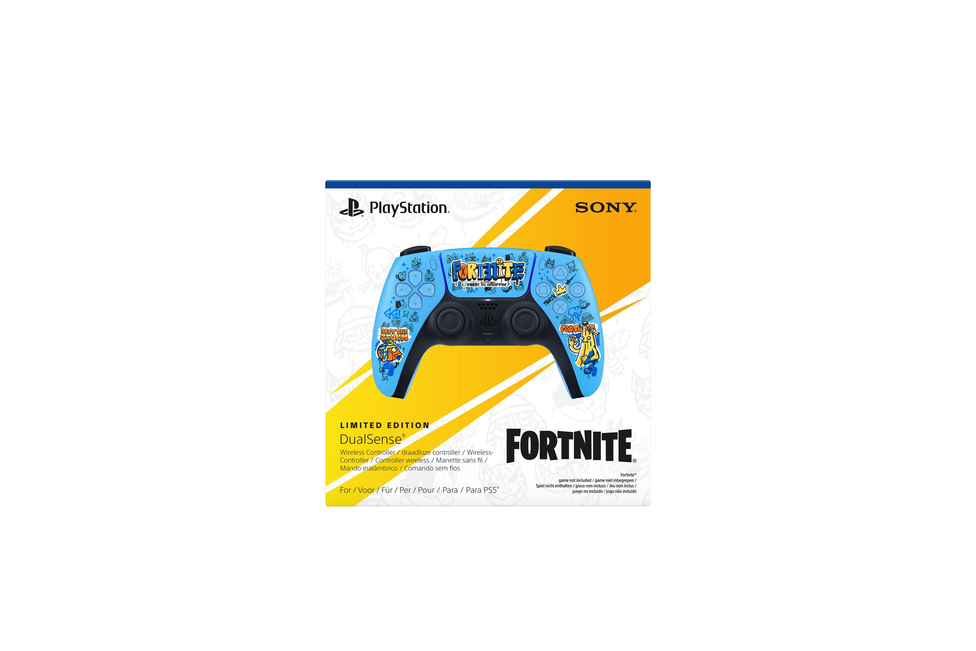 Niebieski kontroler DualSense Fortnite z logo PlayStation i Sony na opakowaniu.