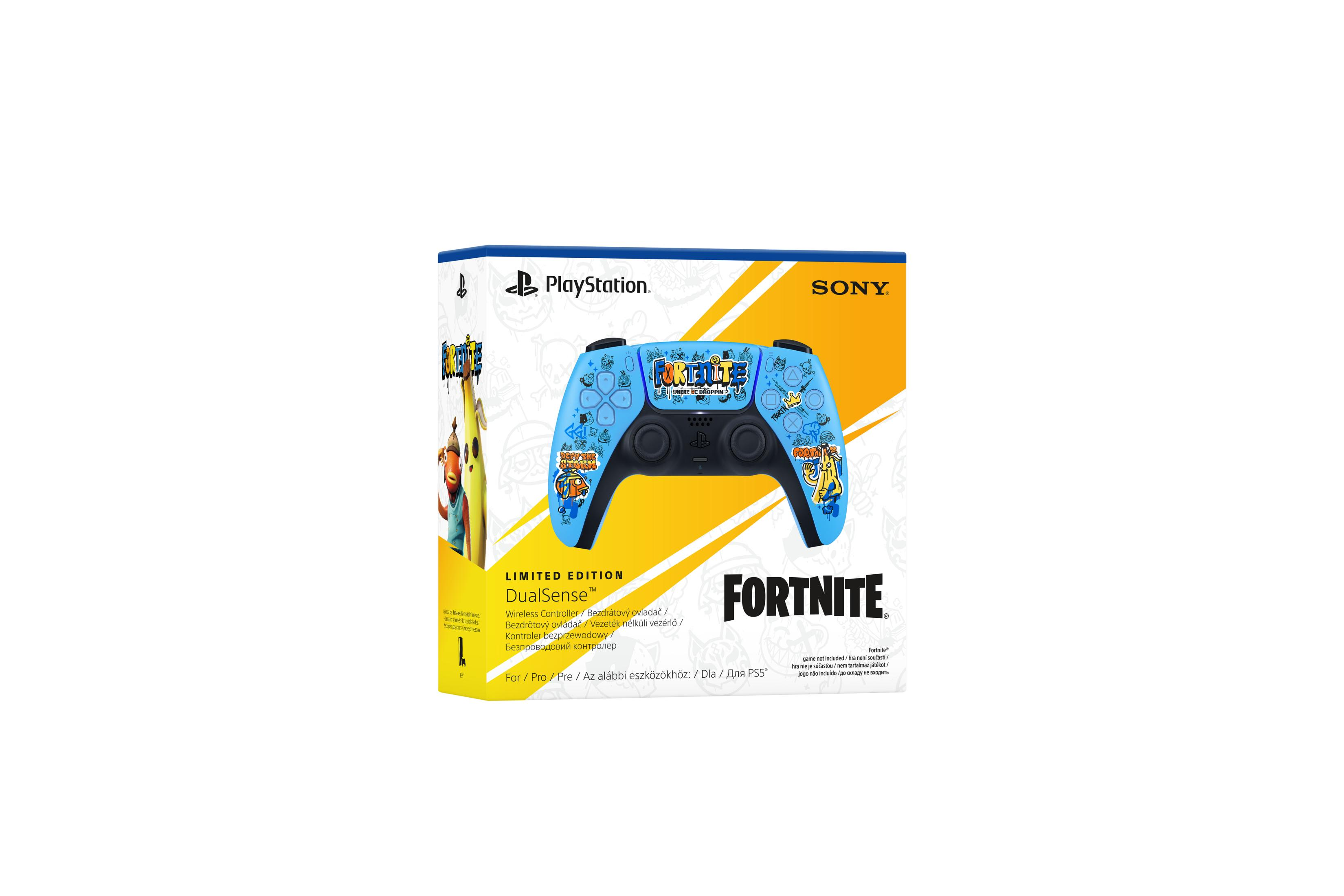 Opakowanie kontrolera Sony PlayStation DualSense Edycja Fortnite z niebieskim przodem.