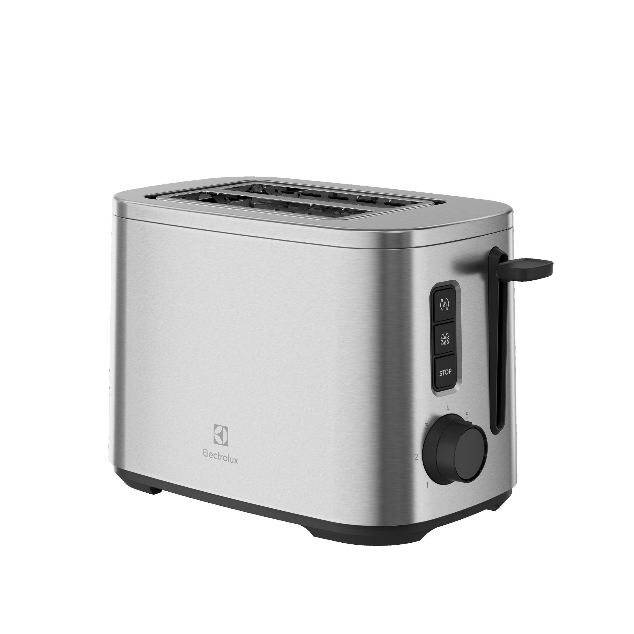 Ein silberner Toaster mit zwei Schlitzen und schwarzem Hebel.