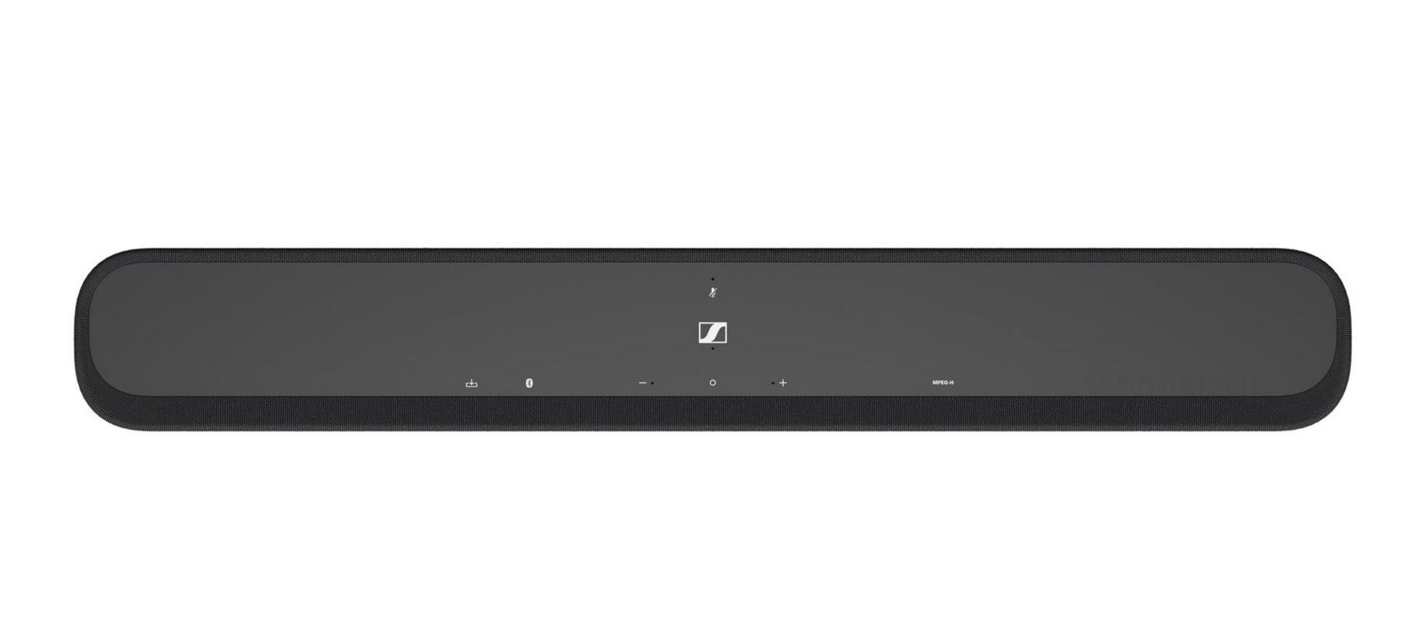 Schwarzer Soundbar mit Touch-Bedienelementen und Sennheiser-Logo.