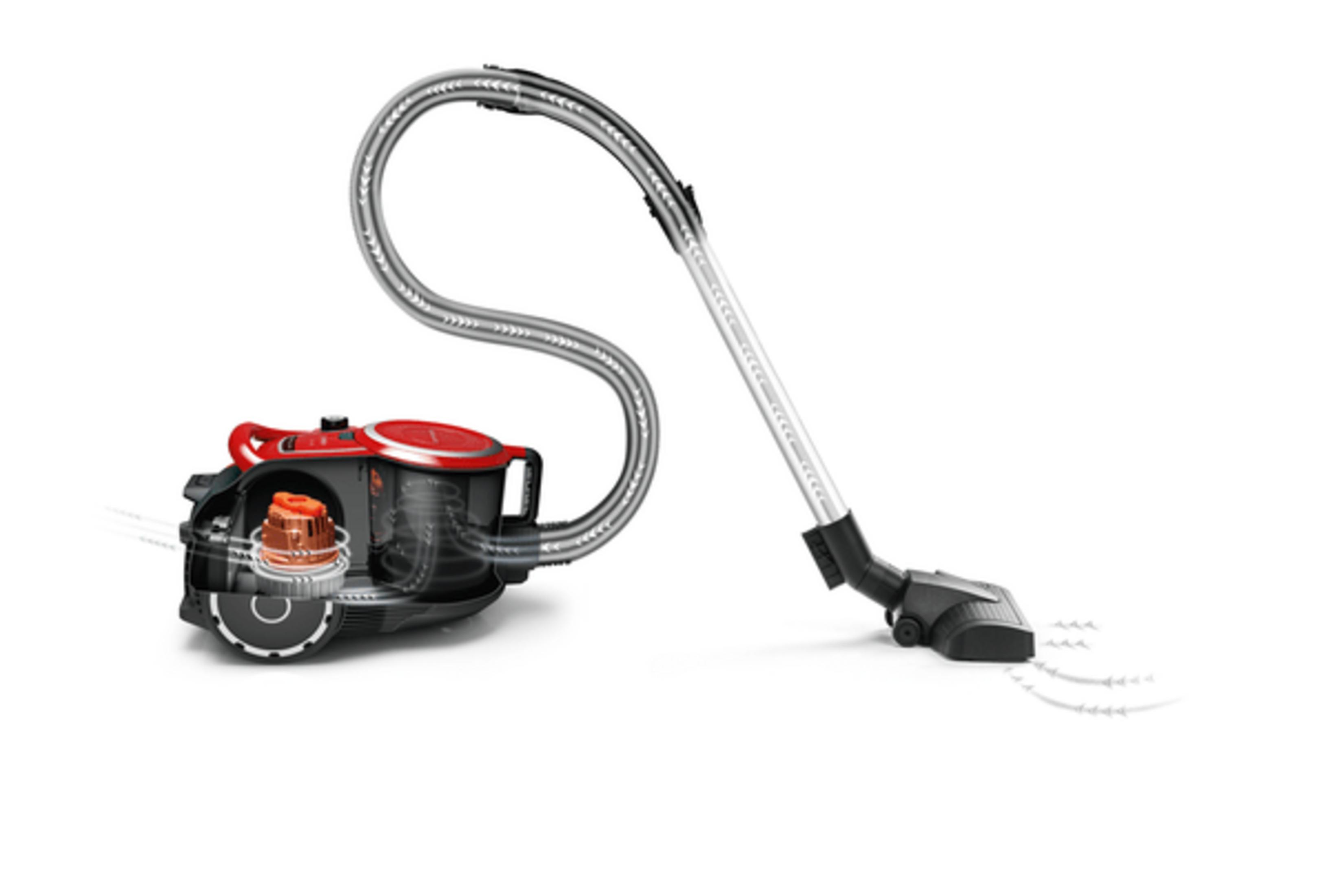 A red and black vacuum cleaner with a transparent body shows its motor.