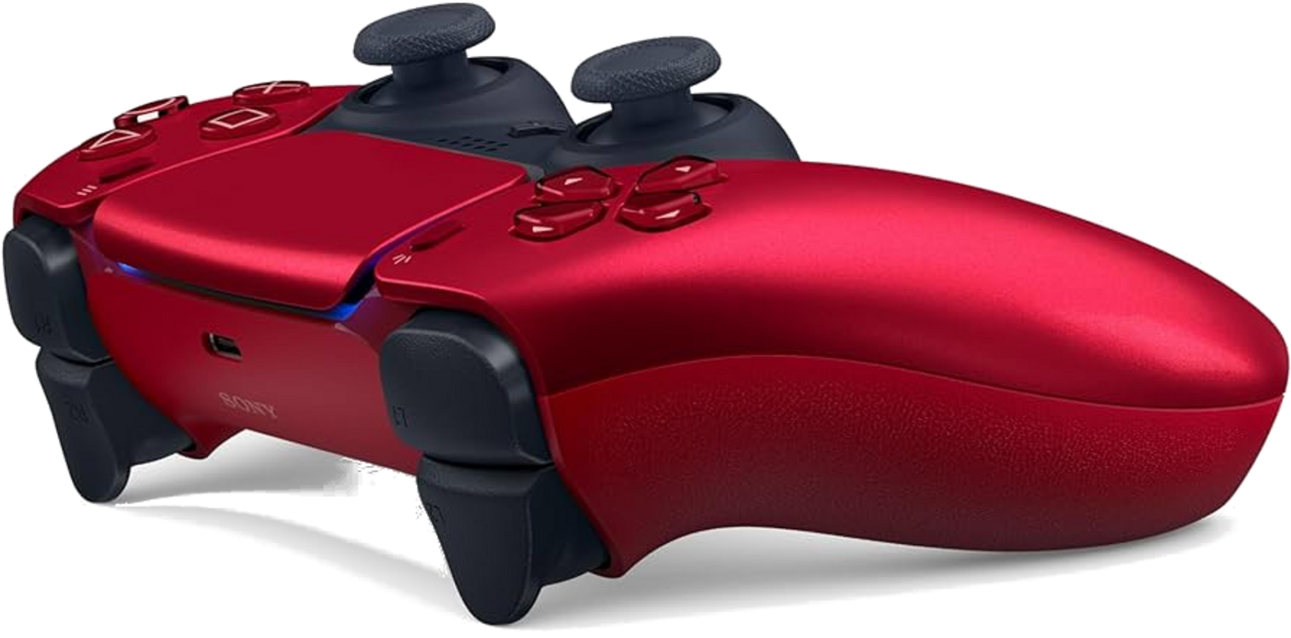 Czerwony kontroler z czarnymi joystickami i przyciskami, na białym tle.