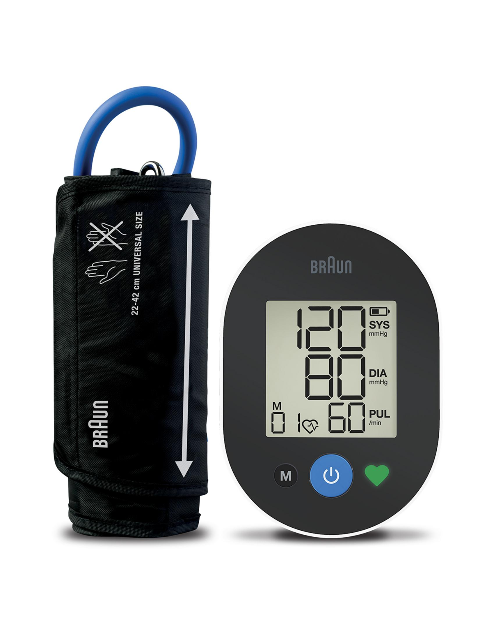 Ein Braun Blutdruckmessgerät mit Manschette und digitaler Anzeige von 120/80 mmHg.