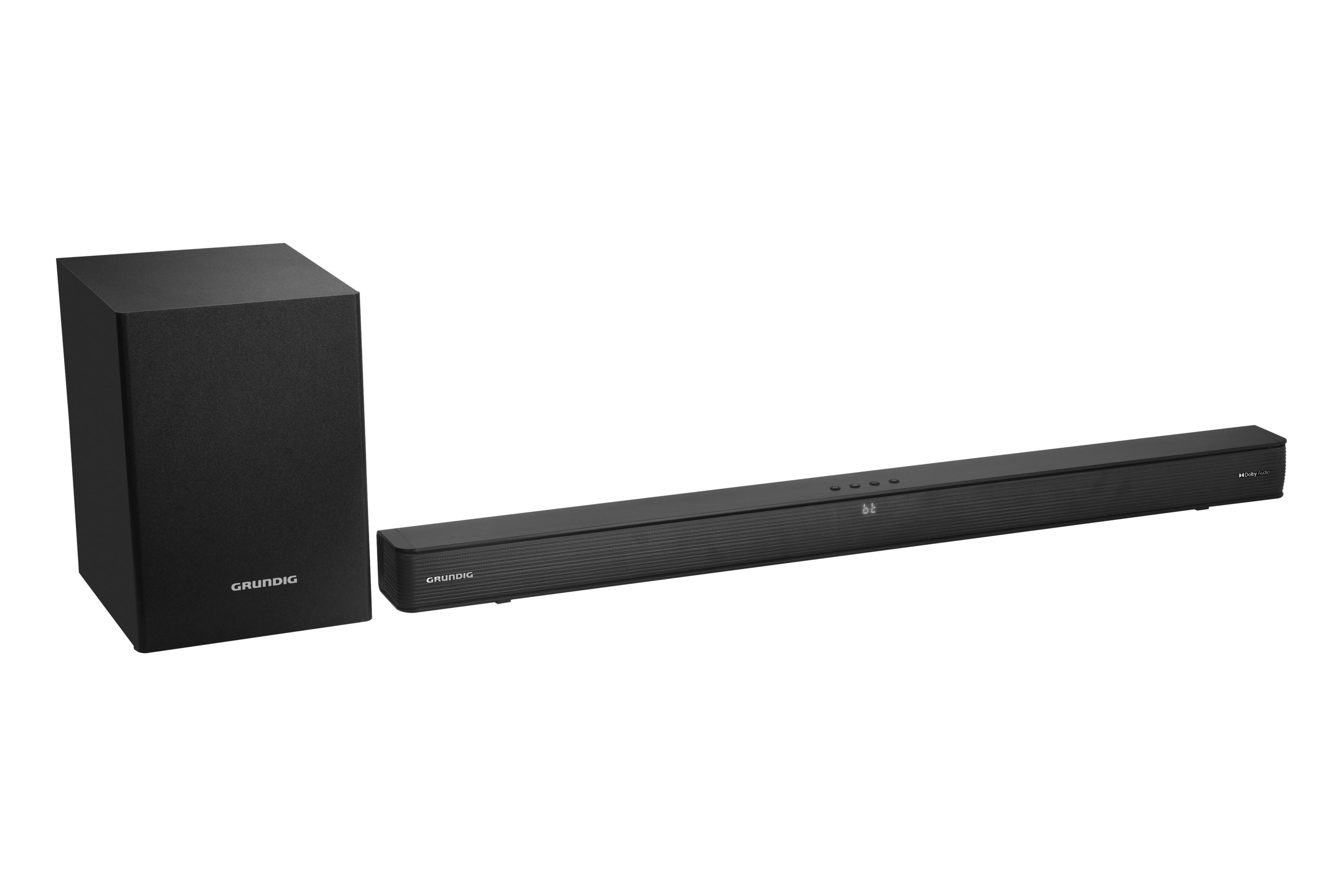Czarny subwoofer i soundbar Grundig na białym tle.