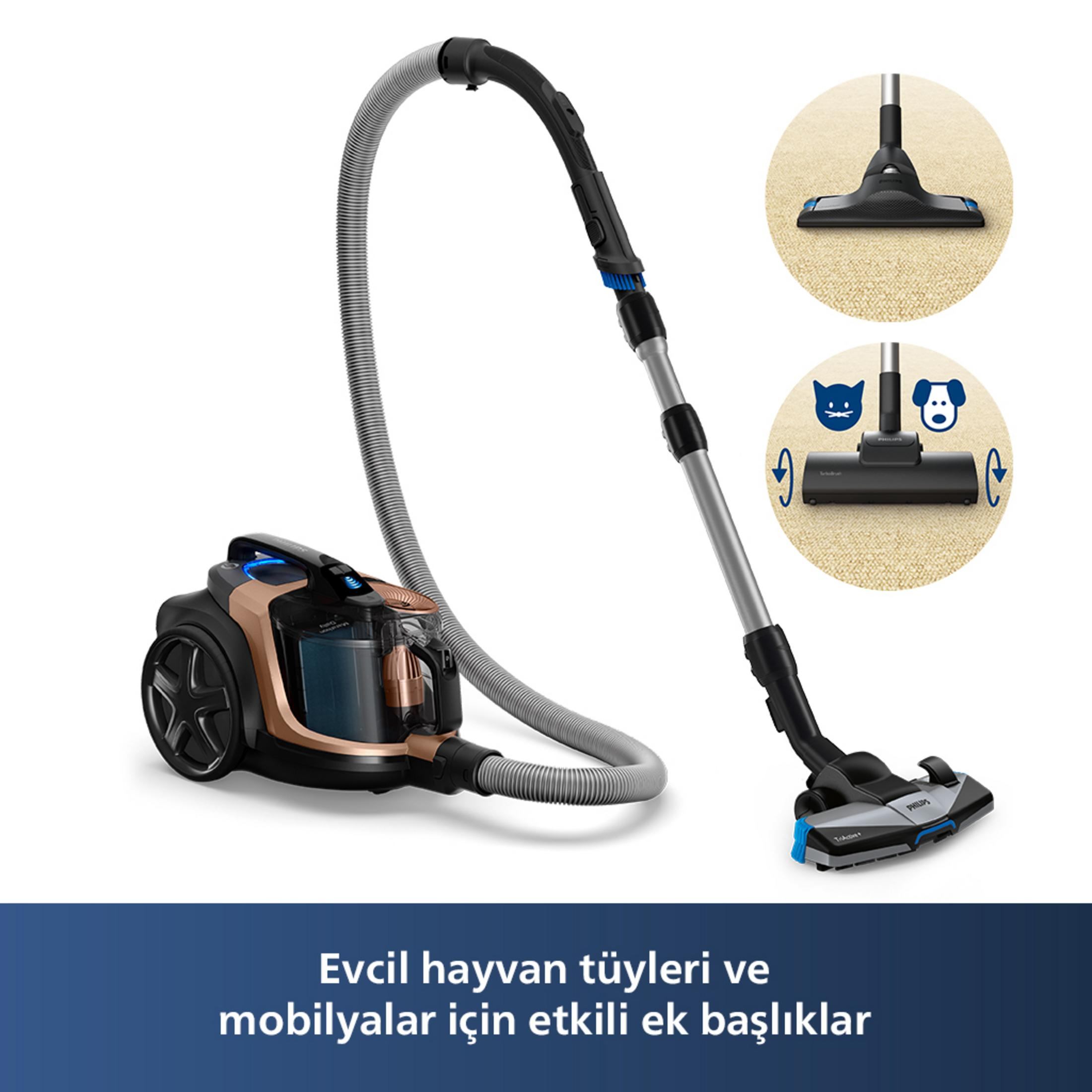 Hortumlu ve başlikli altin rengi süpürge, başlik görünümlü daireler yaninda.